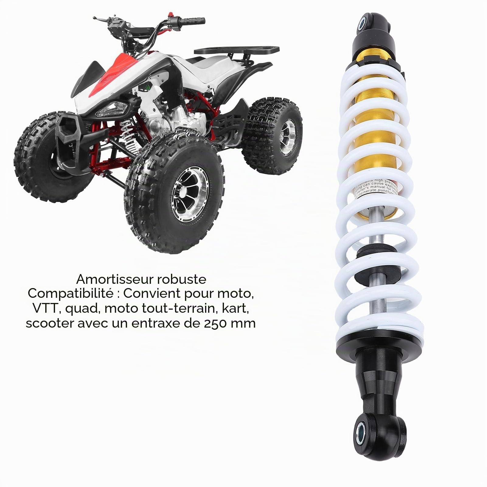 Amortisseur de Suspension de Moto 400 Mm, Robuste et Réglable, Ressort de 10 Mm de Diamètre avec Support en Alliage D'aluminium Haute dureté pour VTT, Quad, Dirt Bike, Kart,