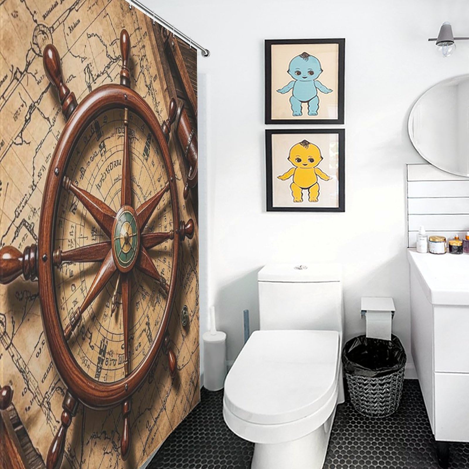 Rideau de douche vintage pour décoration de salle de bain rétro et voyageuse