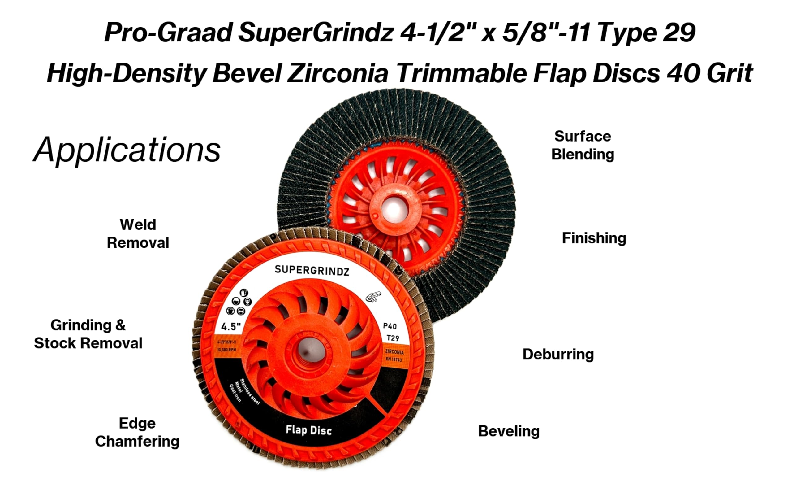 SuperGrindz Fächerscheiben für 11,4 cm und 12,7 cm Schleifer, Körnung 40, Körnung 29, hochdichter Zirkonia, zuschneidbar, für 11,4 cm und 12,7 cm Schleifer, 1,6 cm (5/8 Zoll) 11 Schnellwechselnabe,