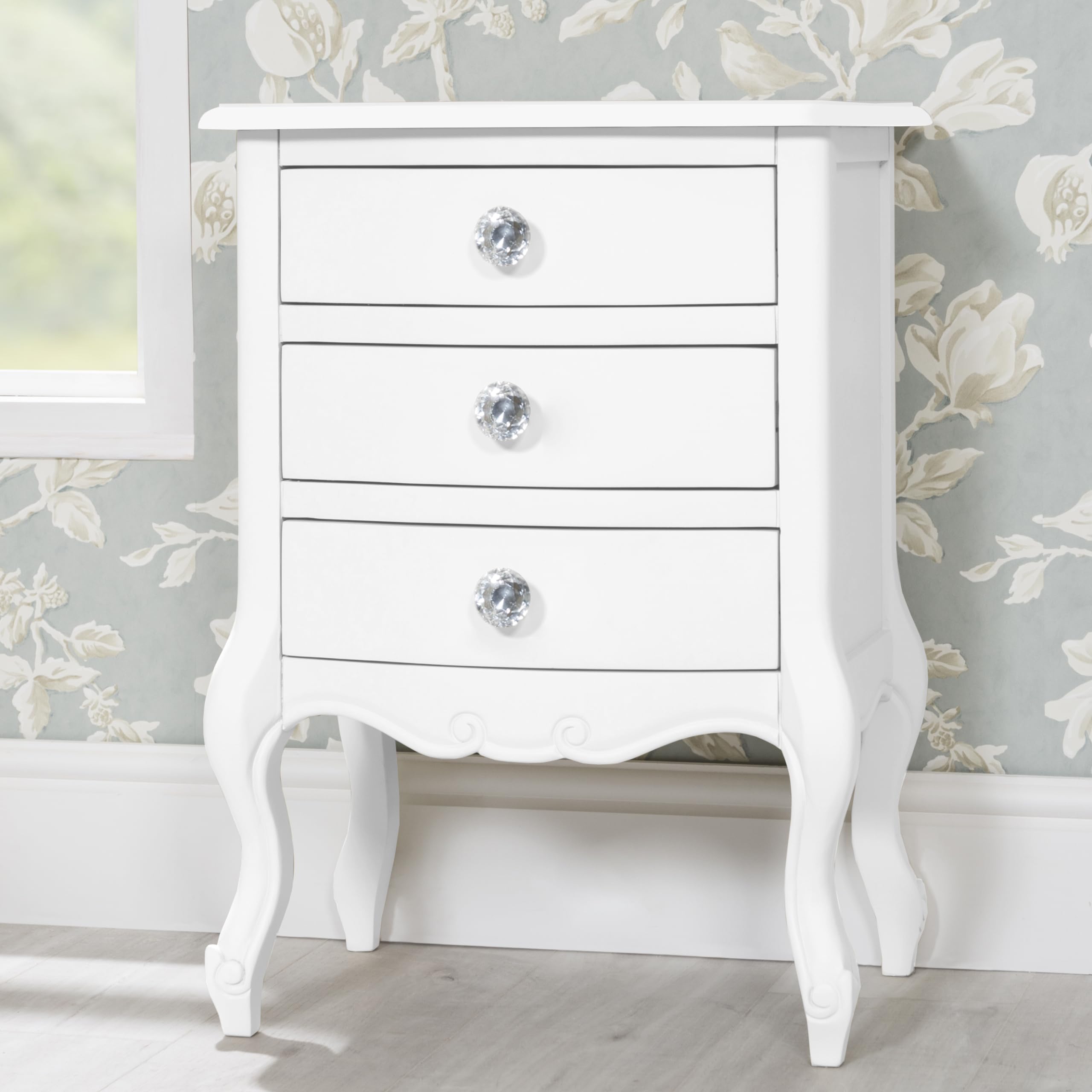 Juliette Nightstand with 3 Drawers | French Style White Bedside Table with Crystal Handles | Fully Assembled Bedroom Furniture (BRF-026-W-DCH)