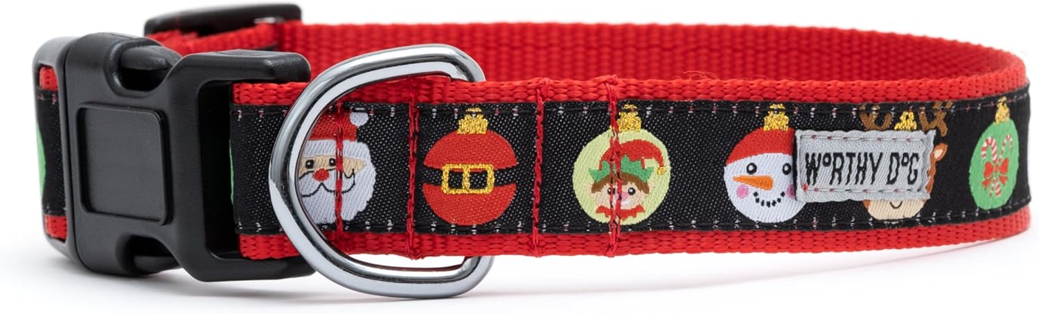 THE WORTHY DOG Collar for Large Dogs, Adjusts 15-21 inches, Durable Nylon Webbing, Quick Release Buckle, Deck The Halls Pattern, Black, Large