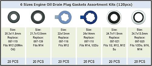 Miniatura 2 de Dsnaduo Juego surtido de 120 juntas de tapón de drenaje de aceite de 6 tamaños, compatible con M12 M14 para FORD, reemplaza 097-119, 097-139,