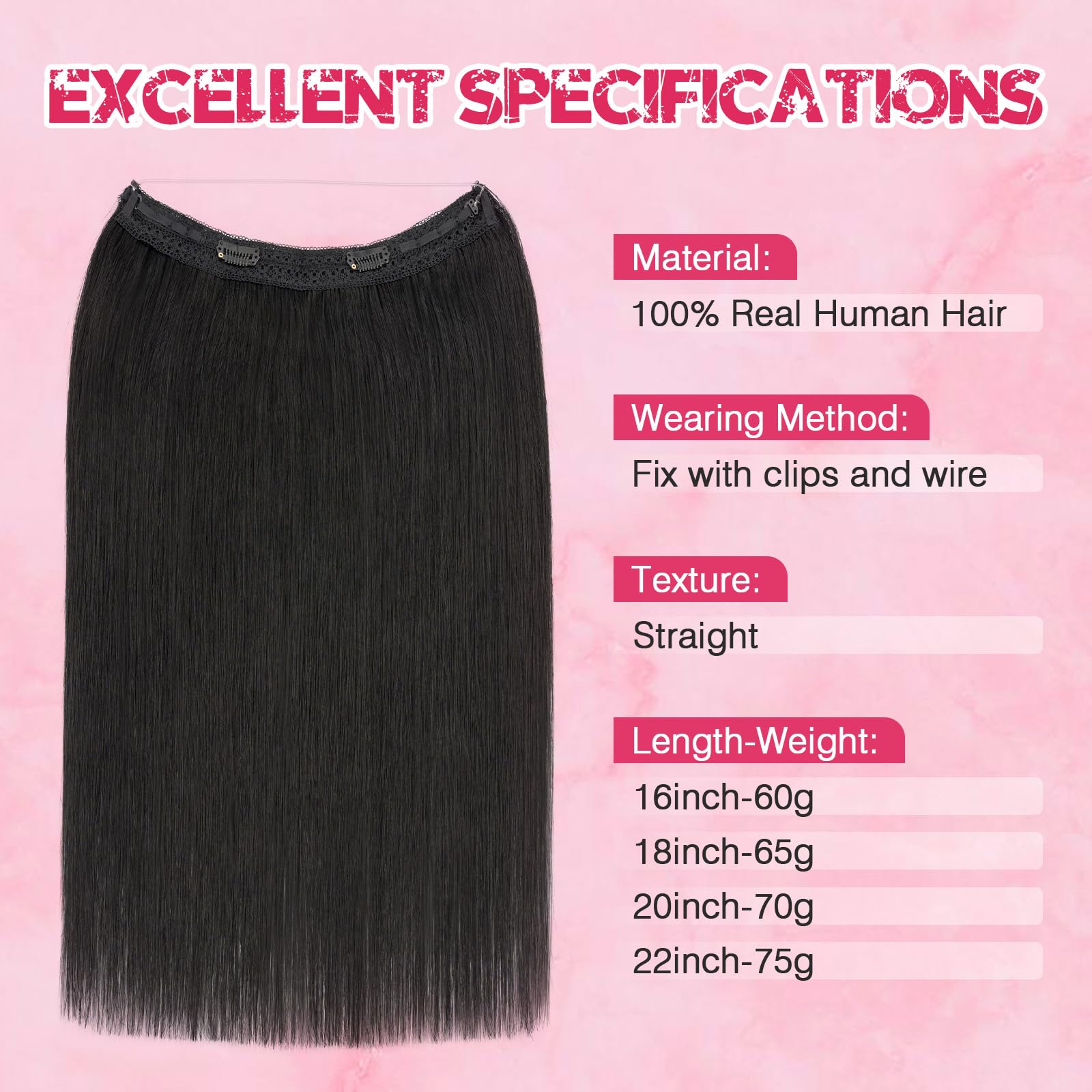 Black 22” Straight Halo Hair Extensions Amazon.com : Benehair Halo Hair Extensions Real Human Hair  main image 2