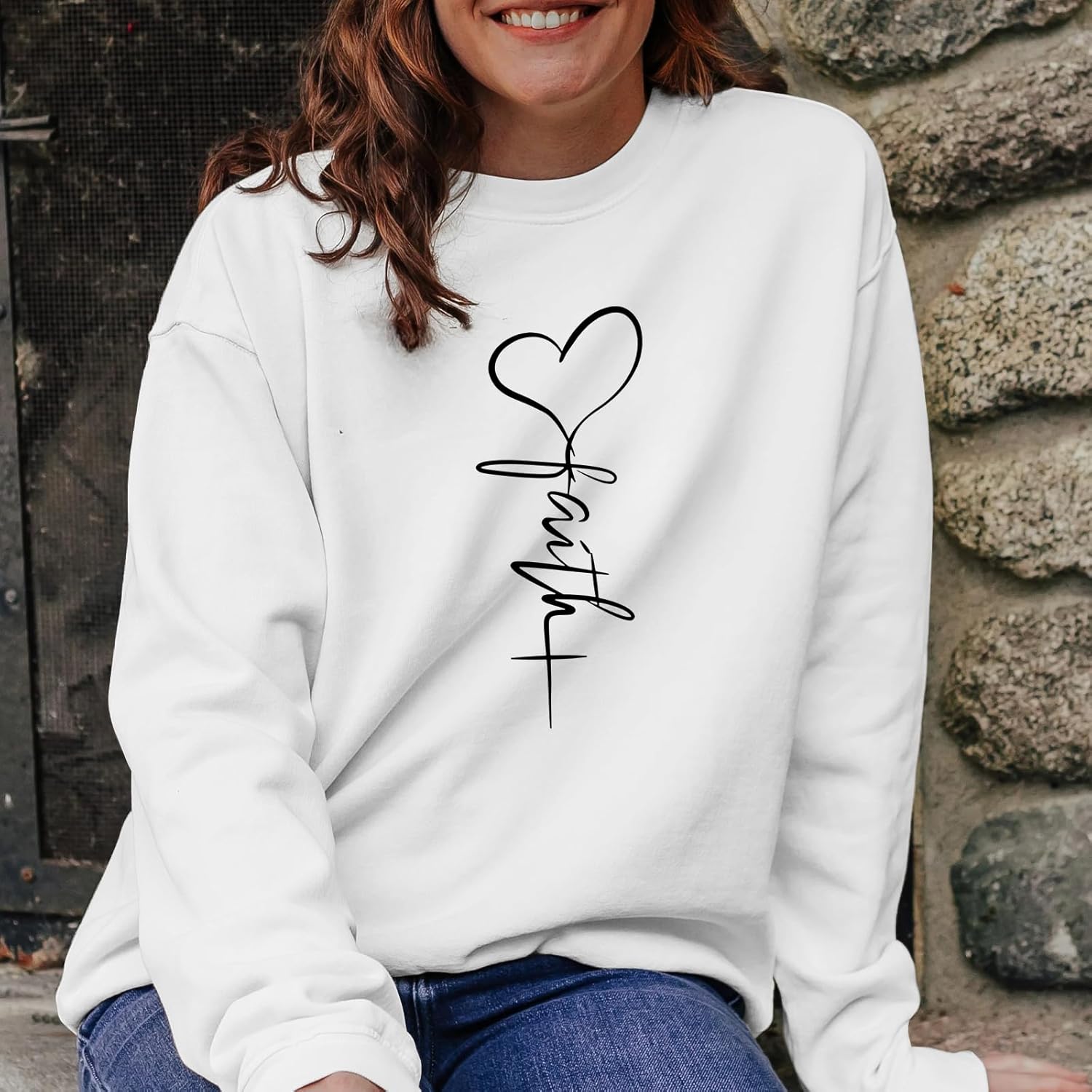 KIEKIECOO Faith Christian Sweatshirts for Women Religious Crewneck Sweatshirt Letter Print Fall Pullover Long Sleeve Tops - Image 5