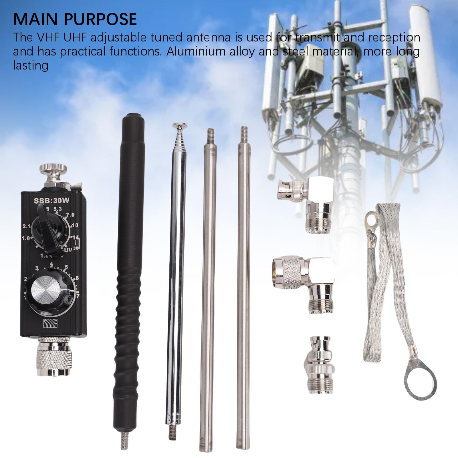 Fafeicy Antena Krótkofalowa QRP Mini Przenośna 30 W 1,8 MHz–30 MHz VHF UHF Regulowana, Dostrojona Stal Stopowa Aluminium do Odbioru Wielopasmowego Komunikacja W Pomieszczeniach na