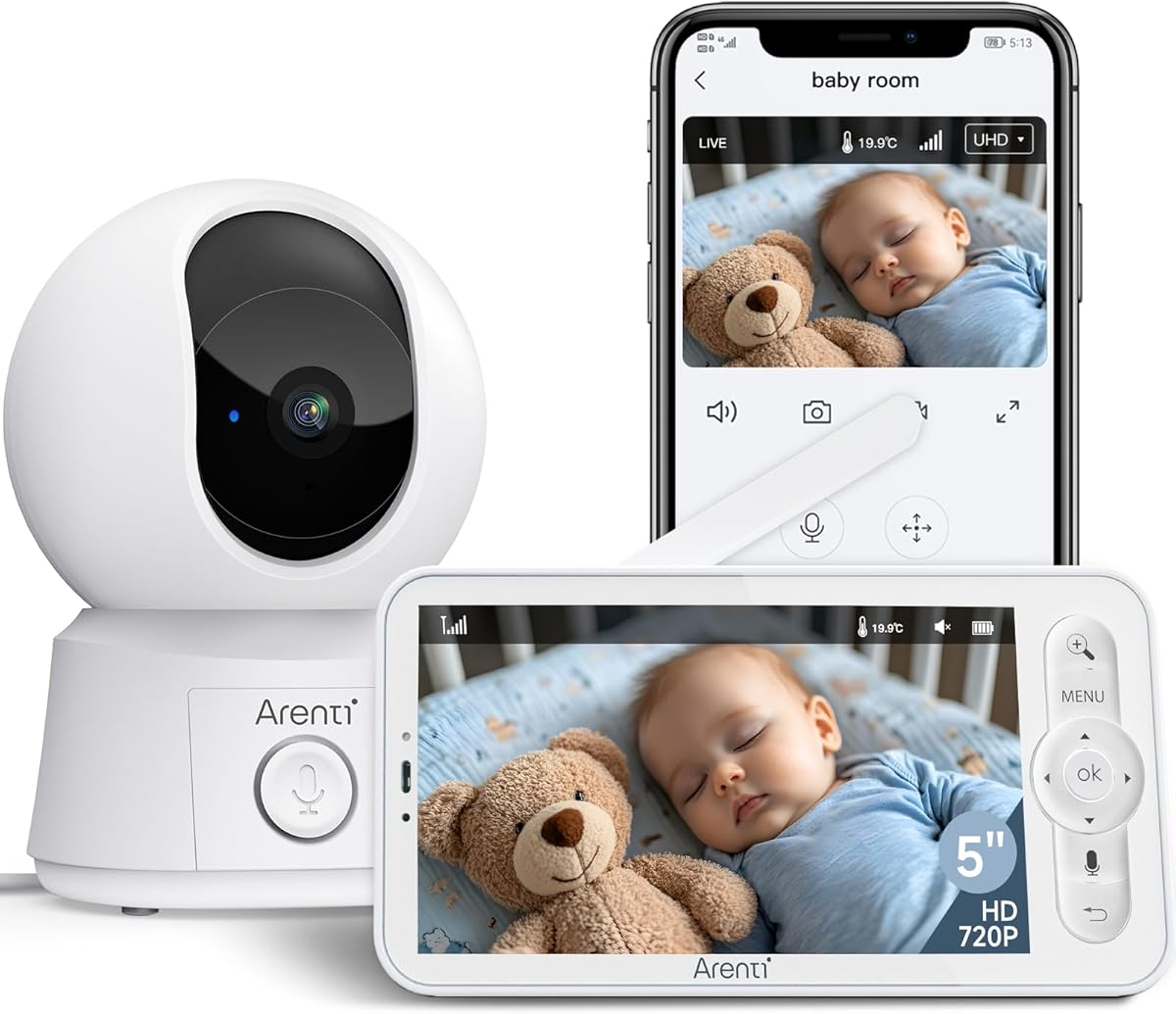 ARENTI 1080P Camara Vigilancia Bebe con Control de 5'' Monitor, 355° PTZ Vigilabebes con Camara con Voz Bidireccional, Detección de Movimiento y Sonido, Visión Nocturna, Sensor Temperatura, Modo VOX