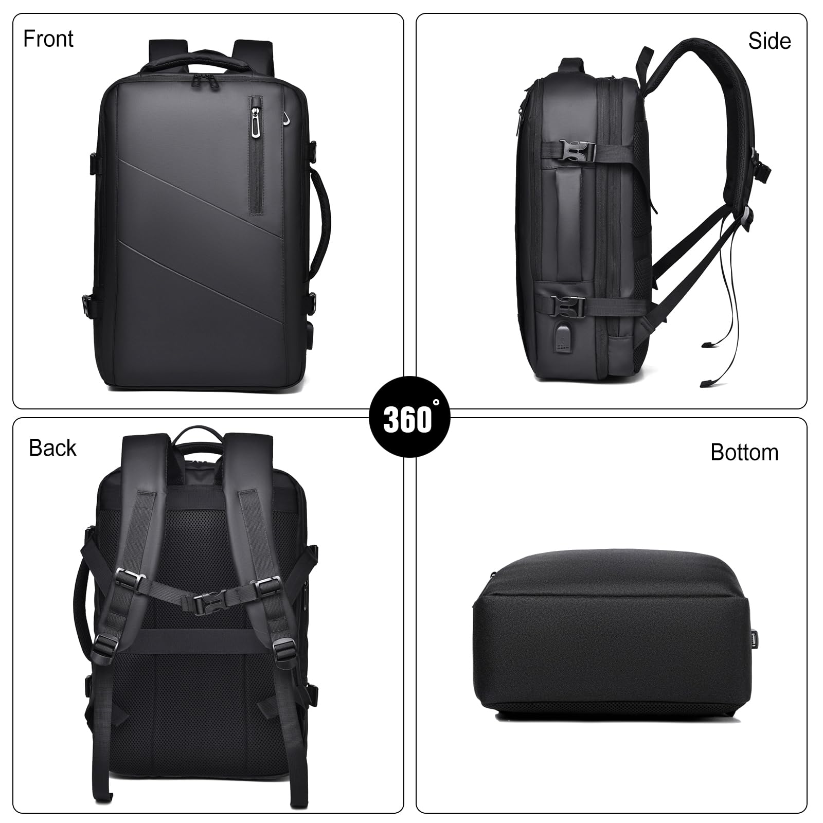 FANDARE Mochila Viaje Expandible 19-33L Equipaje de mano Cuero impermeable PU Bolsa de Viaje Hombre Laptop Bolso de mano con USB Bolsa de Mano Mochila Viaje Cabina Avion Bolsos para Negocio Trabajo