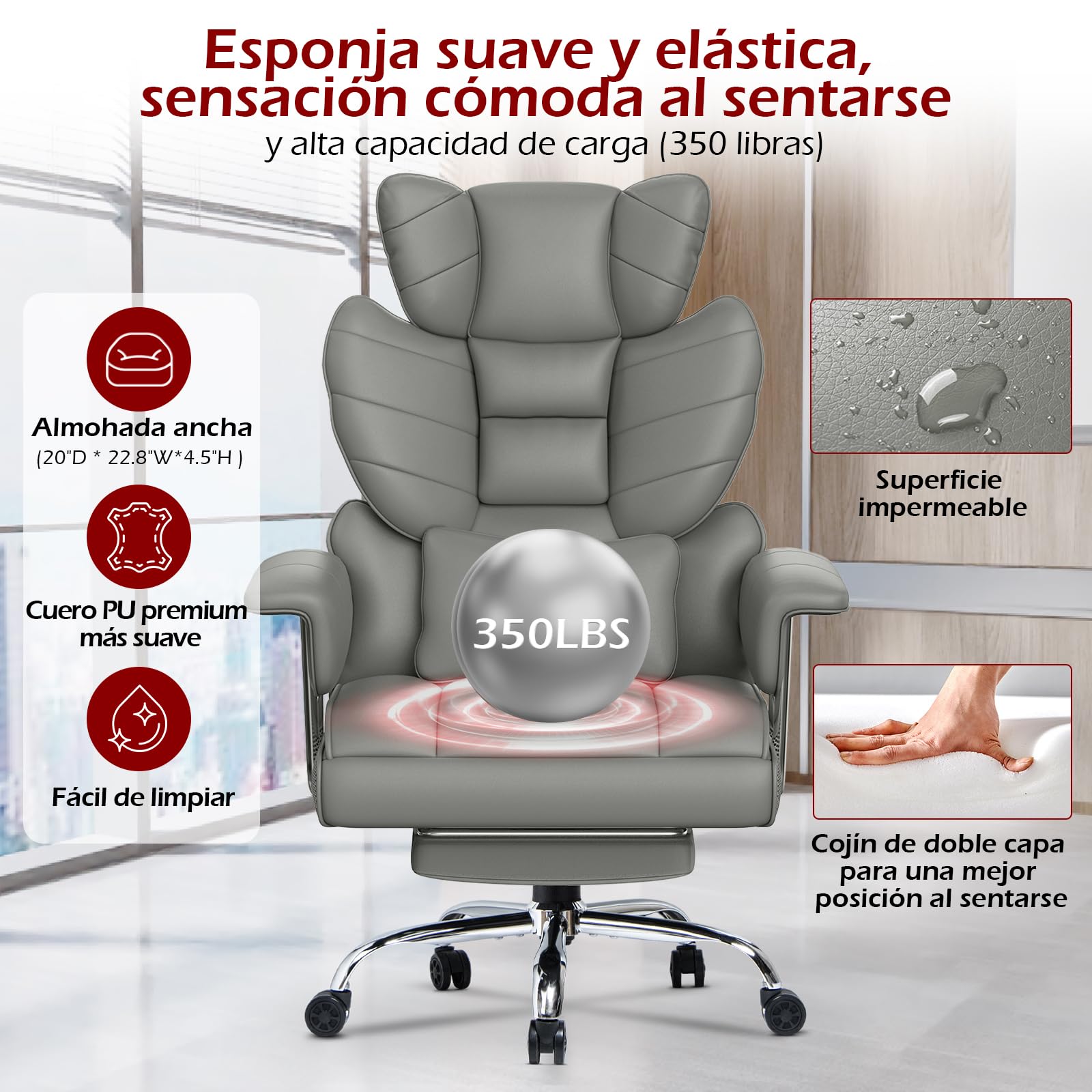 Racingreat Silla de Escritorio ergonómica con reposapiés Extensible,Silla de Oficina Ajustable en Altura,Respaldo Blando Grande,Apoyo Lumbar Individual,Silla de Oficina en Cuero de PU,Gris