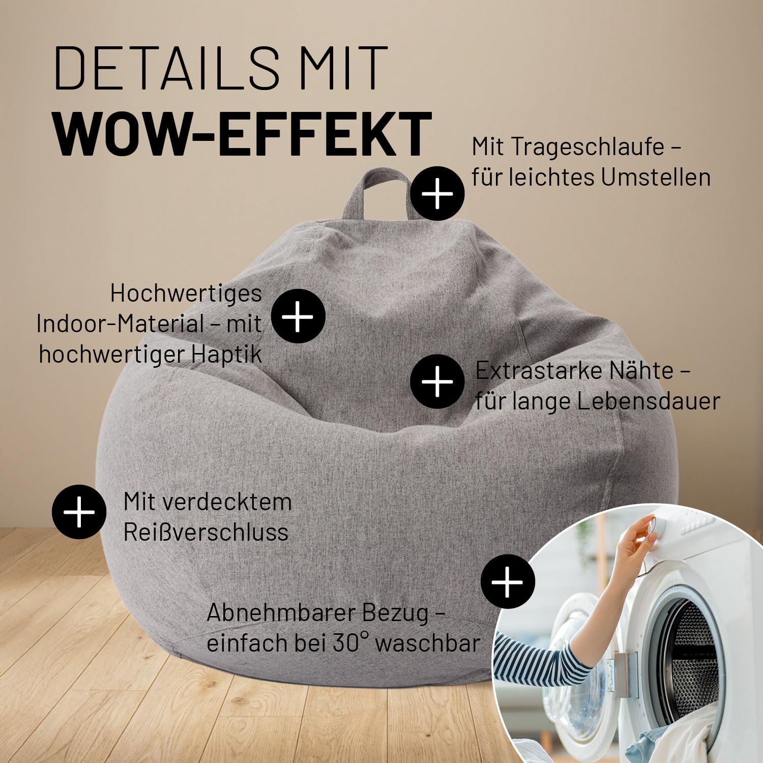 Lumaland Sitzsack Comfort Line | Indoor Beanbag 80x90x50cm mit mehr als 1,5 Mio. anpassbaren EPS-Perlen | Weiches & Komfortables Bodenkissen | Sessel für Kinder & Erwachsene | 185 L Volumen [Hellgrau]