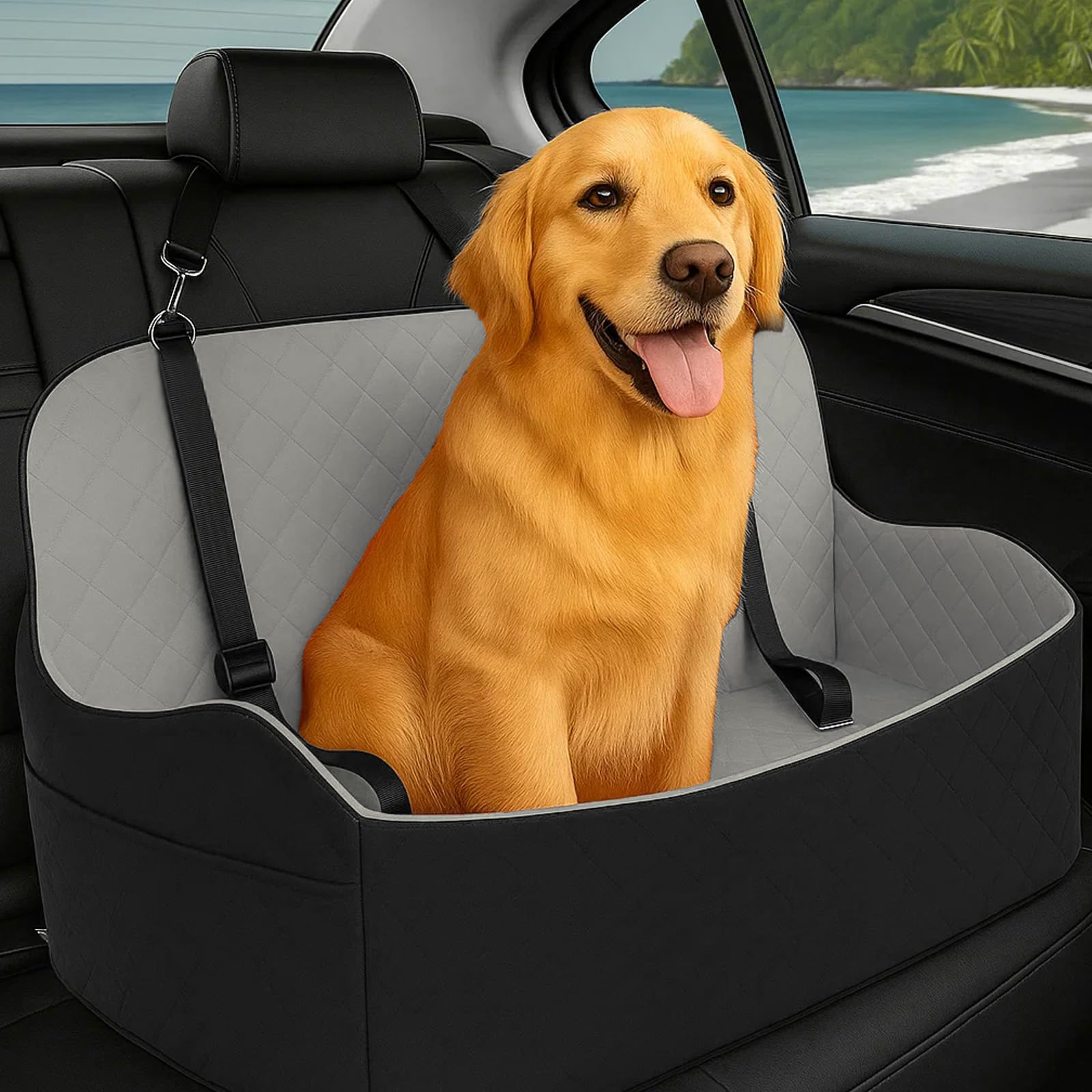 Hunde Autositz für große & mittelgroße Hunde bis 25 kg | Autositze mit Dicker Polsterung, Sicherheitsgurten & Aufbewahrungstaschen (25 kg Schwarz-Grau)