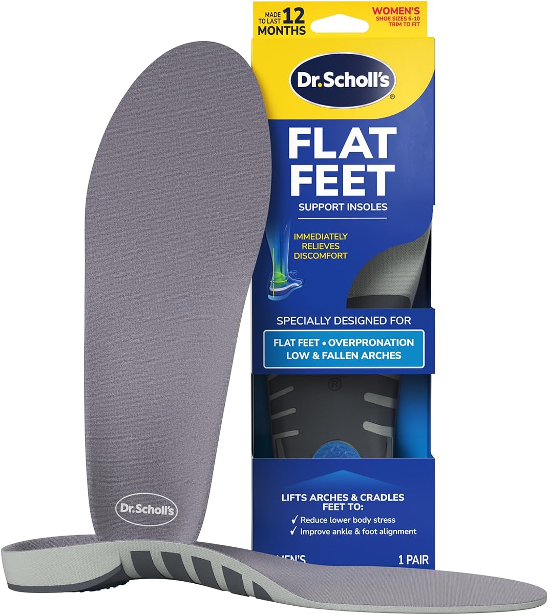 Dr. Scholl’s Flat Feet Support Insoles for Women,Size 6-10: Immediately Relieve Discomfort, Cradle Feet & Improve Ankle Alignment, Due to Overpronation, Low & Fallen Arches, Reduces Lower Body Stress