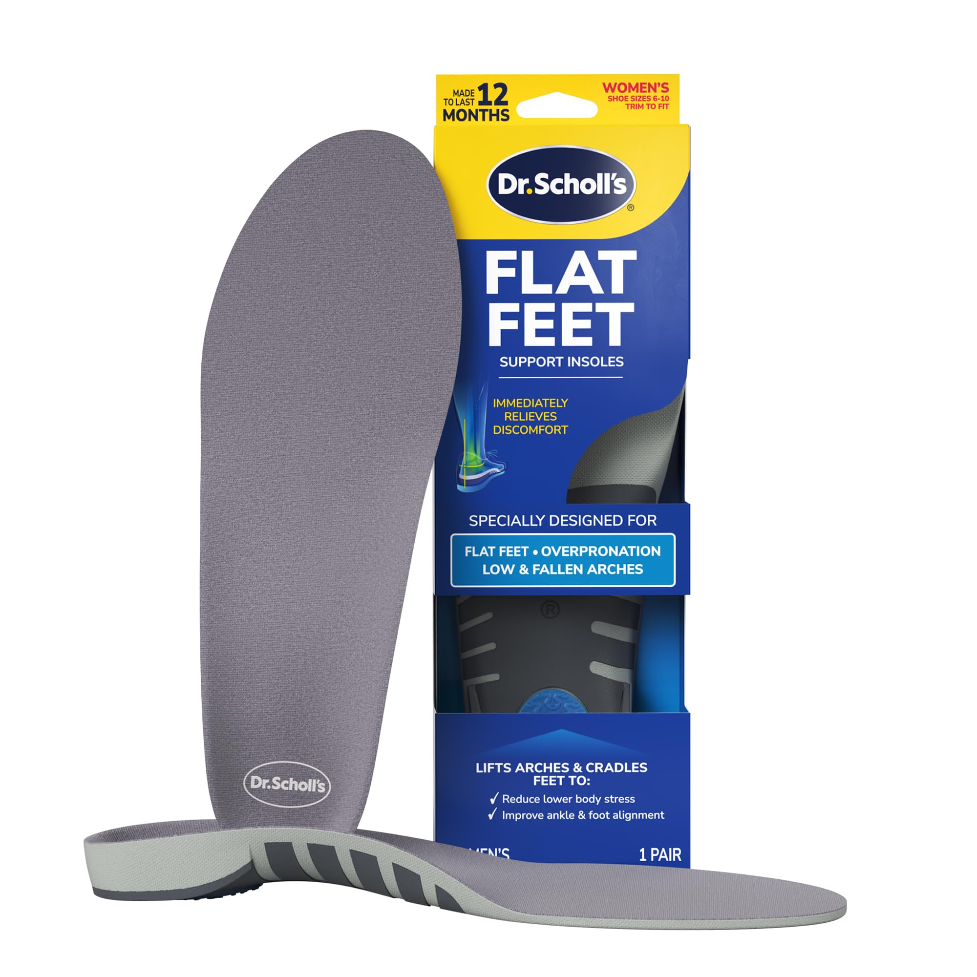 Dr. Scholl's Stability Support Insoles, Flat Feet & Overpronation Low Arch Support, Improves Balance & Stability, Motion Control, Trim Inserts to Fit Shoes, Women's Size 6-10