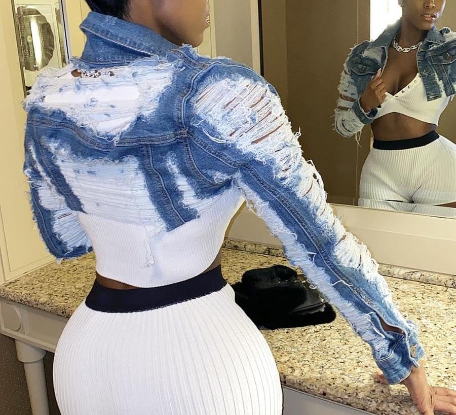 Voghtic Women Sexy Ripped Denim Jackets Lapel Button Down Short Crop Top Jeans Coat - Image 4