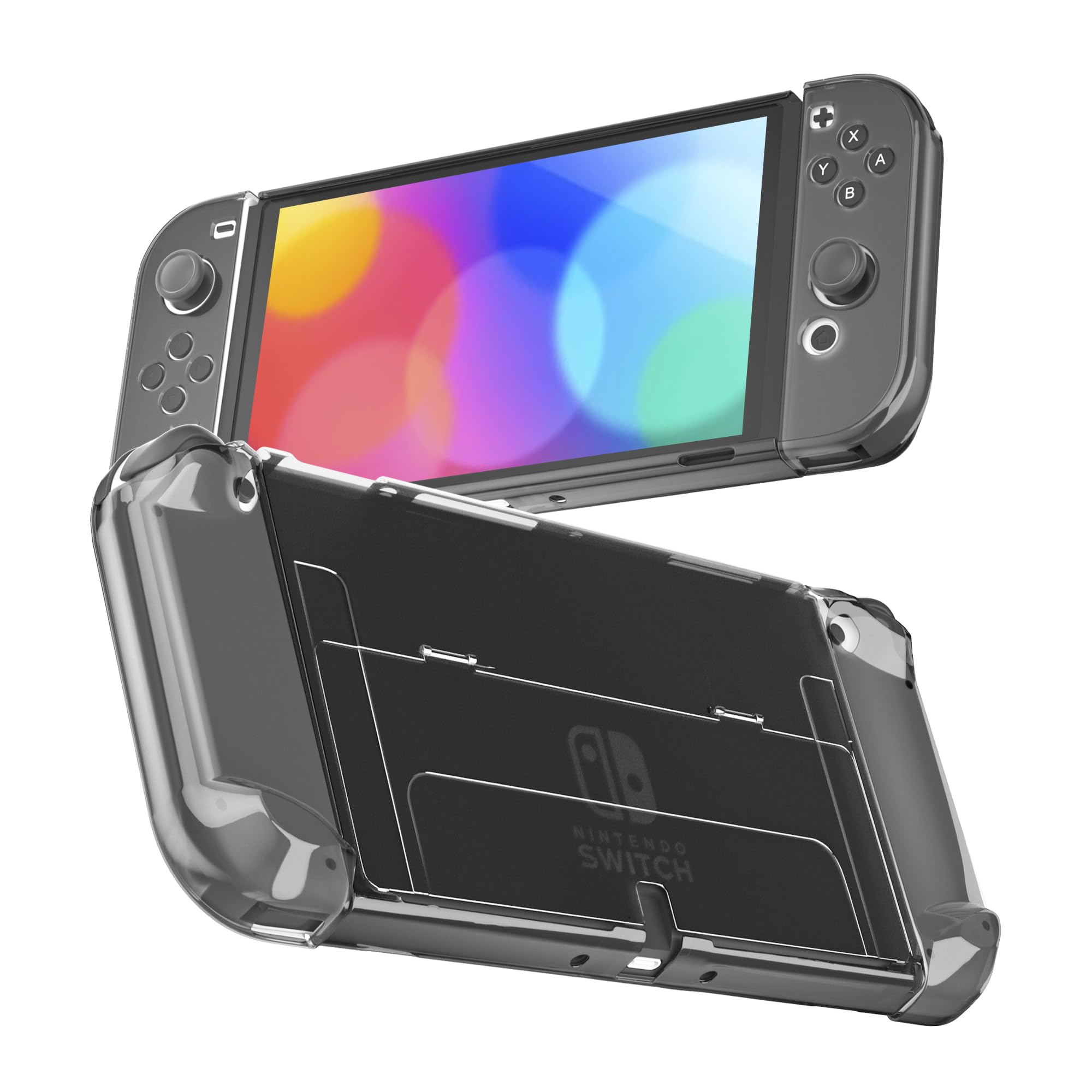 RHOTALL 3 in 1 Protective Black Clear Case Cover for Nintendo Switch OLED, Dockable Skin for Switch OLED and Joy Con Controller, Comfort Grip Shell with Shock-Absorption and Anti-Scratch Design