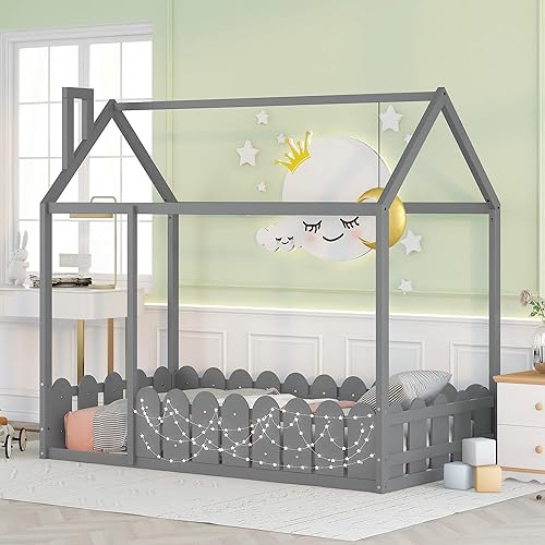 Harper & Bright Designs Marco de cama individual para niños, cama Montessori de madera individual con barandillas en forma de valla, marcos de cama