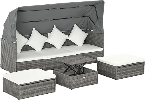 Outsunny Juego de muebles de patio de 4 piezas con cojines, sofá cama de ratán de polietileno con toldo retráctil, juego de sofá modular para
