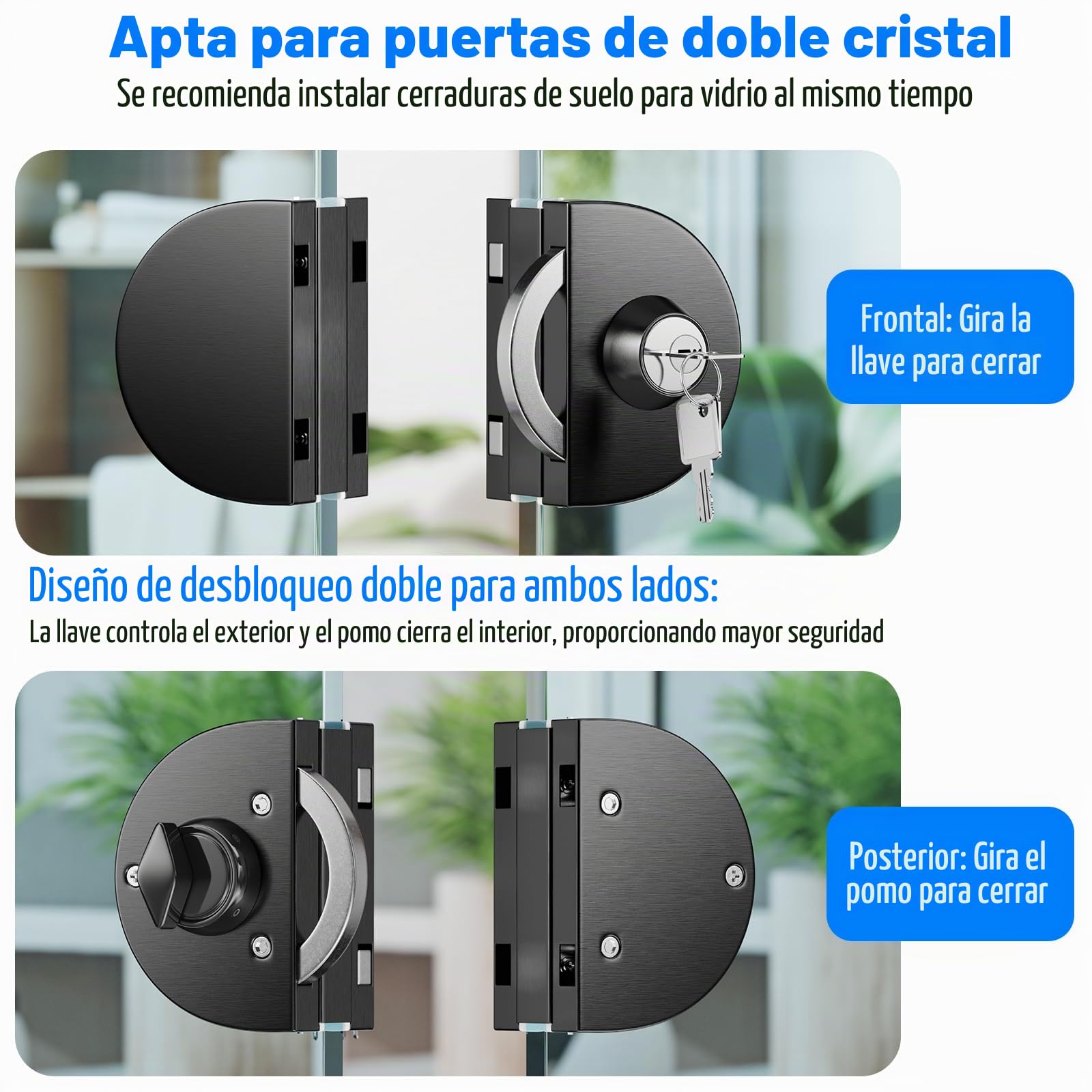 Ranbo Cerradura de Sujeción sin Taladrar para Cristal, Negro Cepillado | Para cristal de 10–12 mm, apertura y cierre con llave, apta para hogar y oficina