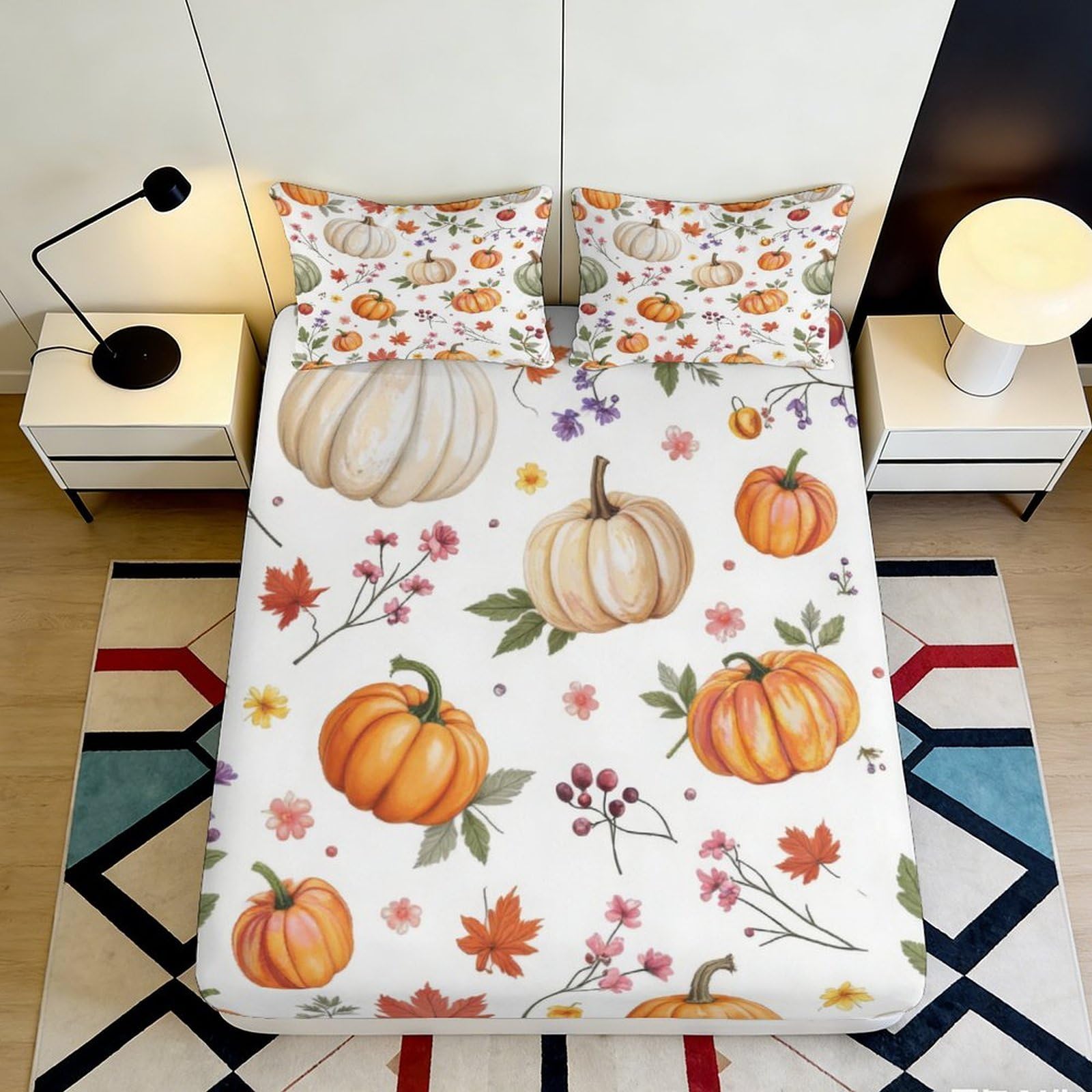 3D Printed Pumpkin Autumn Fitted Sheet Microfiber Soft Mattress Cover for Bedroom Dorm Decor Dustproof Washable 90x200x25cm