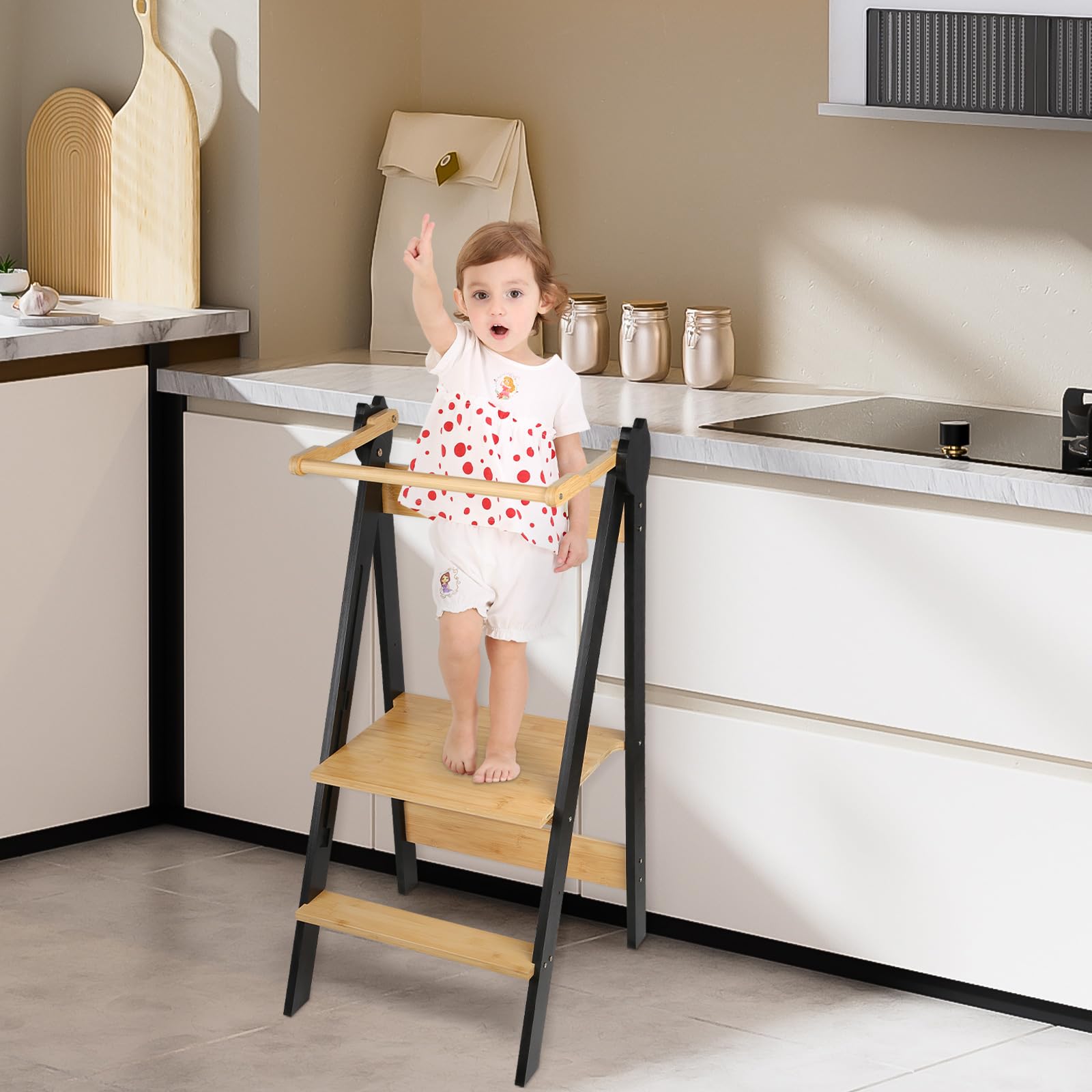 Torre de observación infantil, torre montessoriana de aprendizaje plegable multiusos, torre de aprendizaje de madera natural de abedul, plegable, seguridad-88 × 45 × 45 cm-café negro