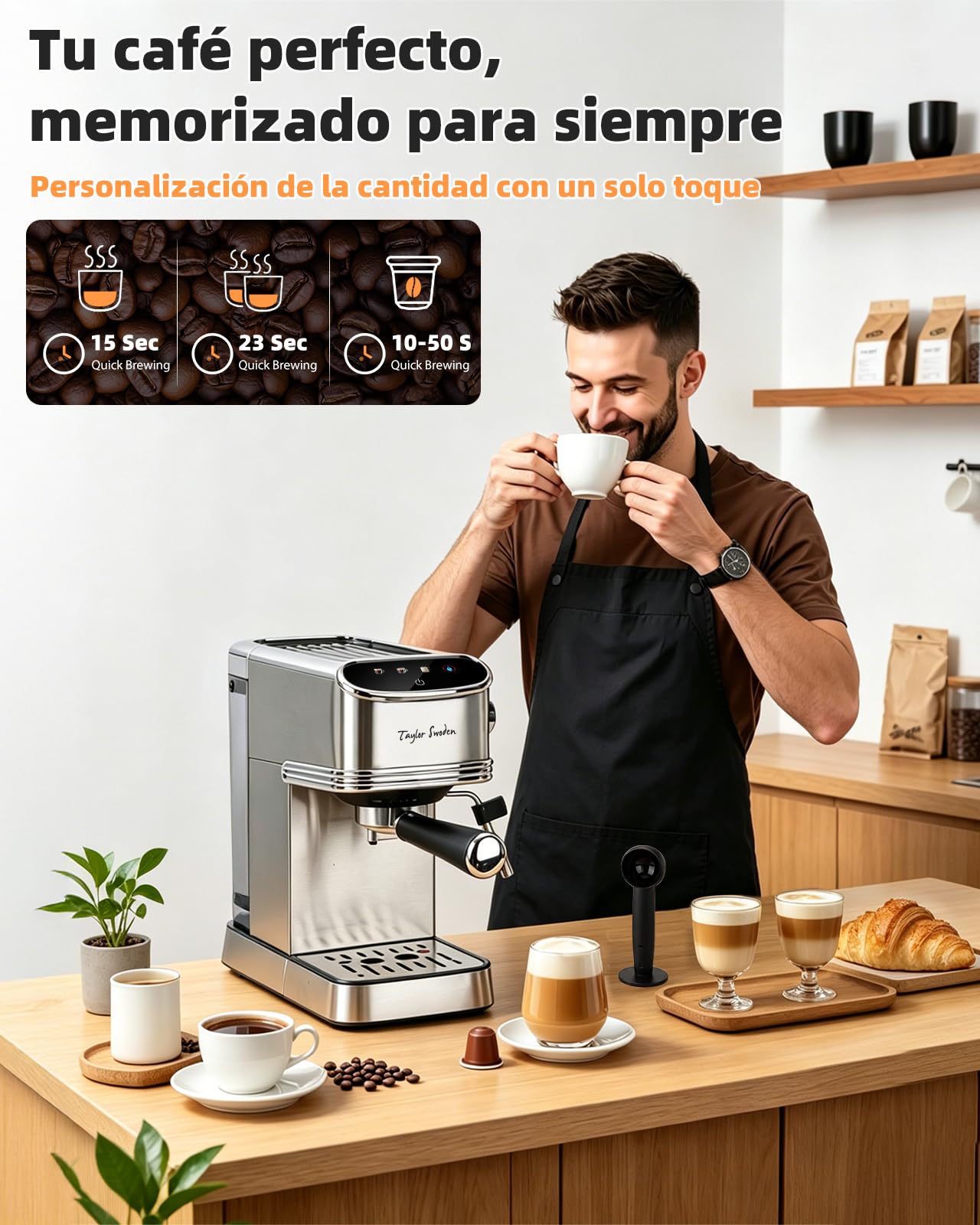 Taylor Swoden Cafetera Espresso 20 Bares, 1450w para Café y Cápsulas, Inox | Función Memoria, LED Touch Pantalla, Agua Caliente, Autolimpieza y Diseño Compacto, Depósito de 1.3 L, Cafetera Capsulas