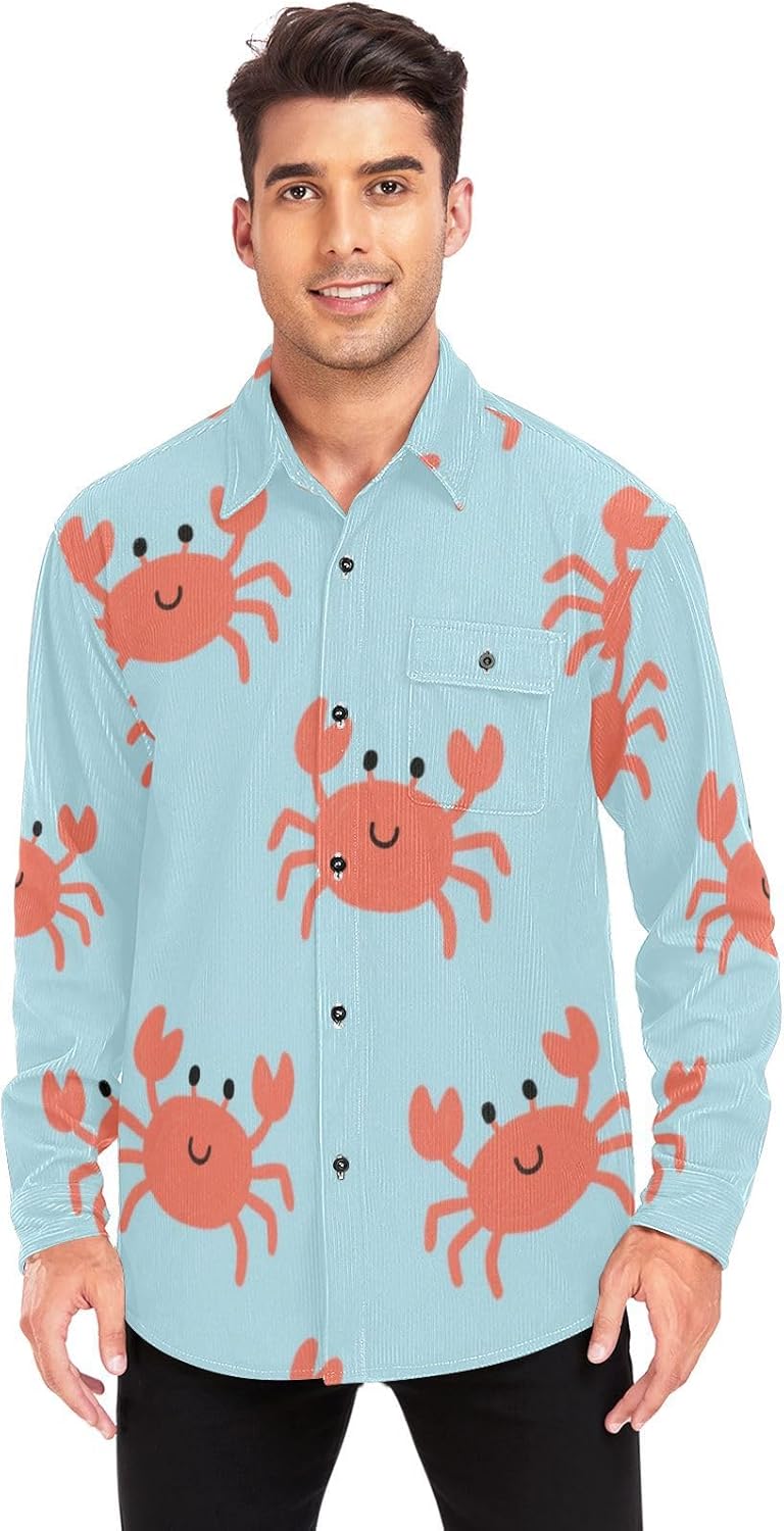 Cartoon Crab Blue Woolen Cord Fabric Mens Rugby Shirts Long Sleeve for Women Unisex with Pockets