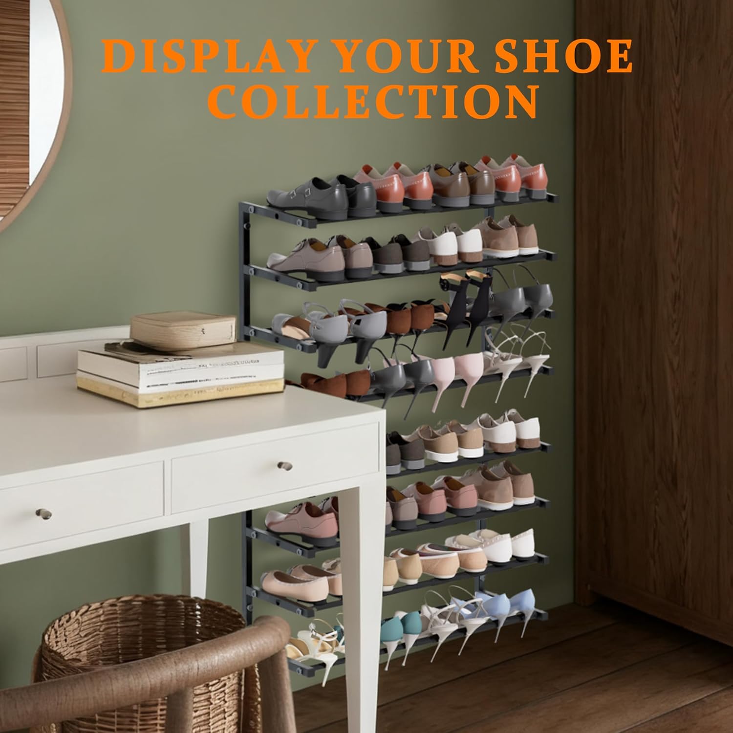 2 Pack Wall Mounted Shoe Rack, 4 Tier Hanging Shoe Rack Holds 32 Pairs, 17"-30"Adjustable Heavy Duty Wall Shoe Shelf with 4 Storage Hooks, Space Saving for Closet Entryway, Black, Patent Pending