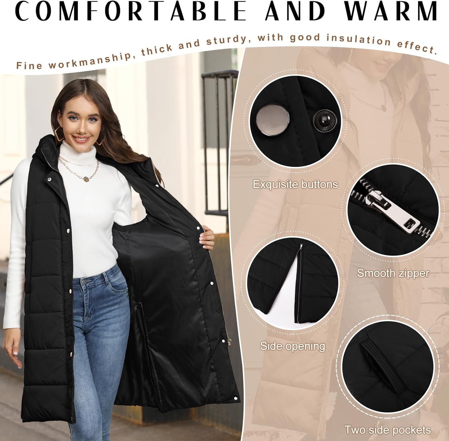 Long Puffer Vest Women Quilted Hooded Vest Zip Up Sleeveless Vests Outerwear Padded Jacket Warm Winter Coat 2025 - Image 2