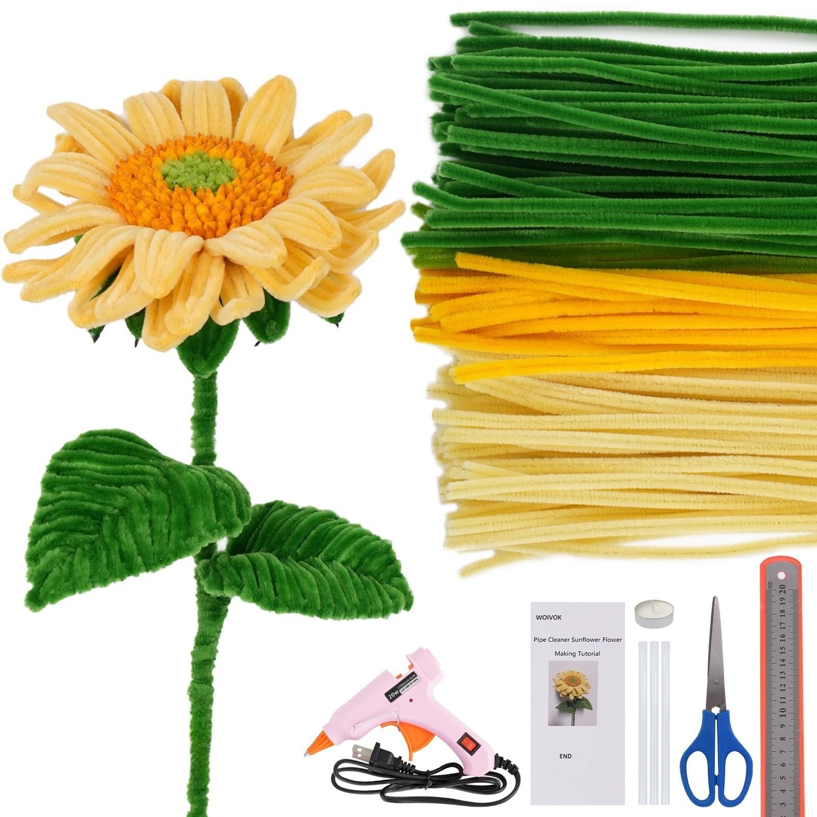 pipe cleaner flowers Craft kit for DIY sunflower Bouquet, detailed video tutorials,yellow and green pipe cleaners craft,chenille stems 12 Inch Supplies at Home & School for DIY Art & Craft Projects