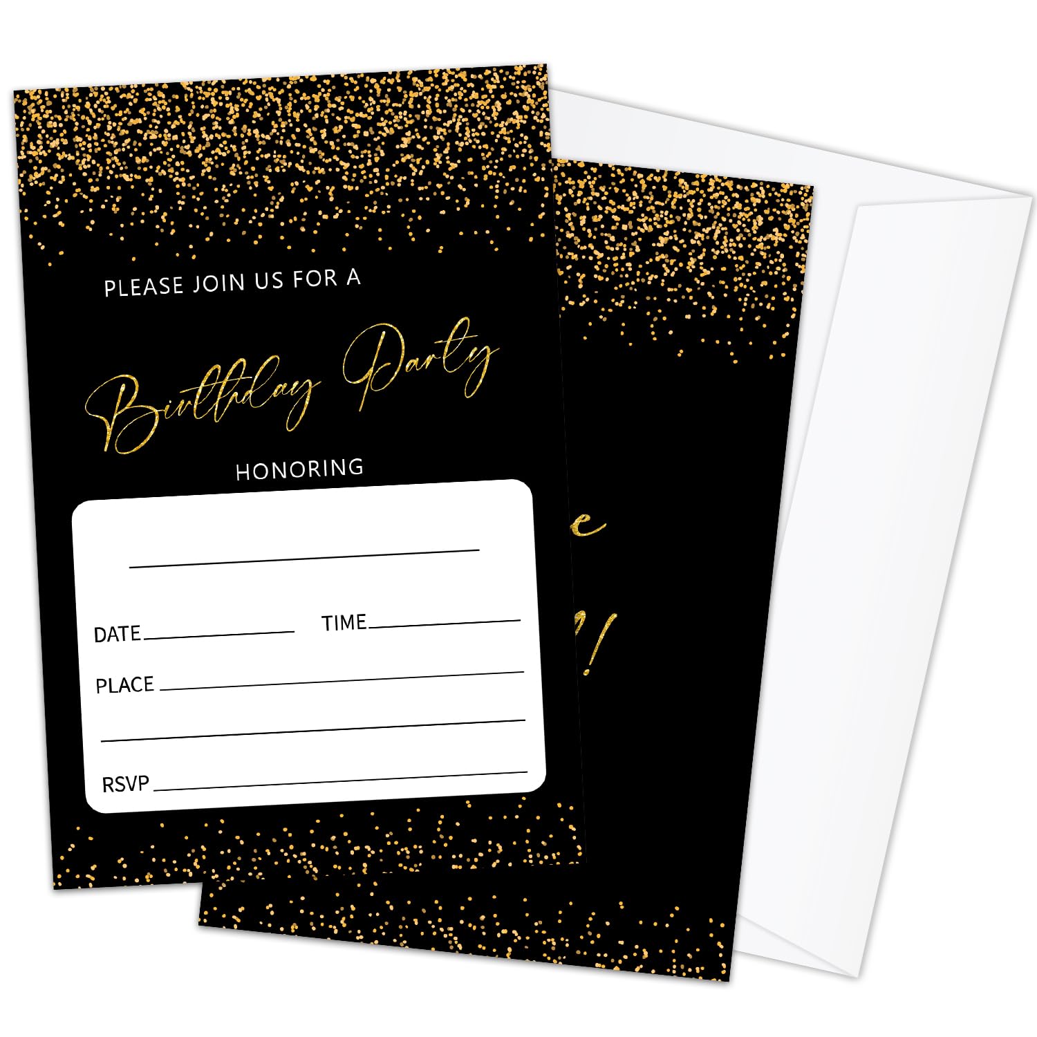 HQLOW 20PCS Gold Glitter Double-Sided Birthday Invitations with Envelopes, Party Invitations Birthday Invitations for Boys Girls(Black) -01