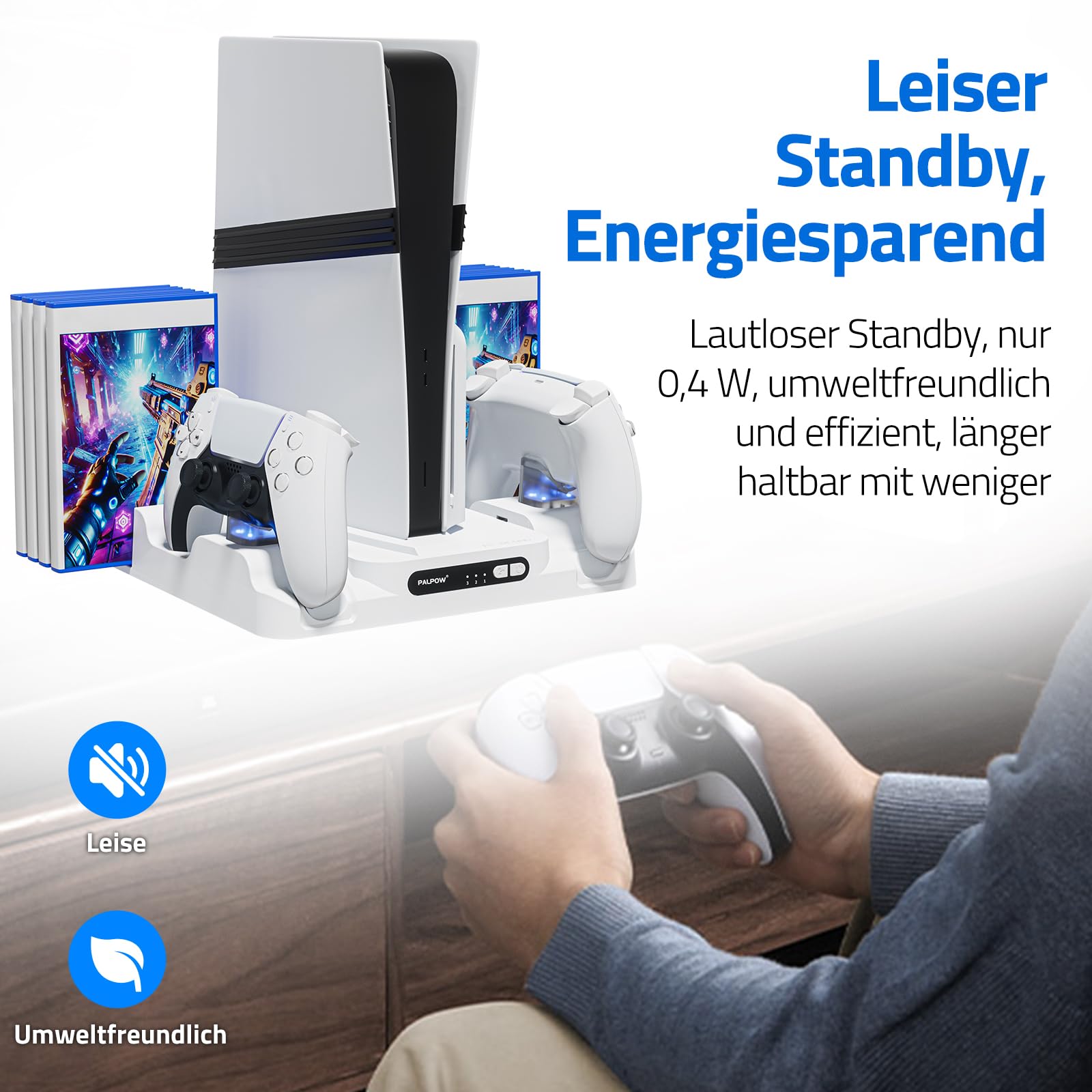 Kühlständer Kompatibel mit PS5 Pro/Slim/PlayStation 5 Disc & Digital - Vertikale Kühlstation mit Controller-Ladegerät für PS5 Zubehör - 3-stufige Lüfter-LED-Beleuchtung - Weiß0