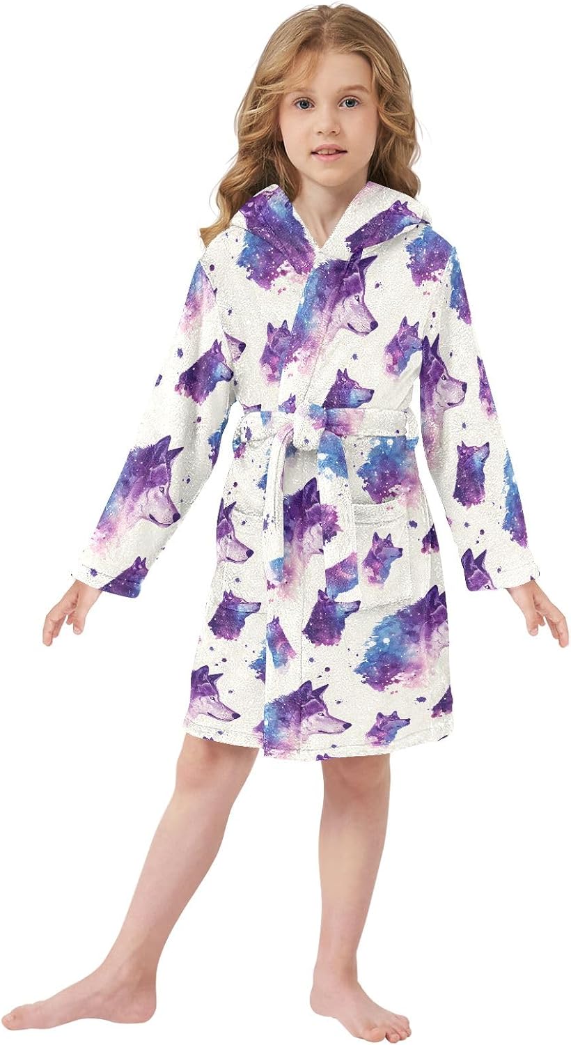 Wolf Purple Prints Toddler Hooded Bathrobe for Boys Girls Soft Plush Bath Towel Robe 2-12 Years