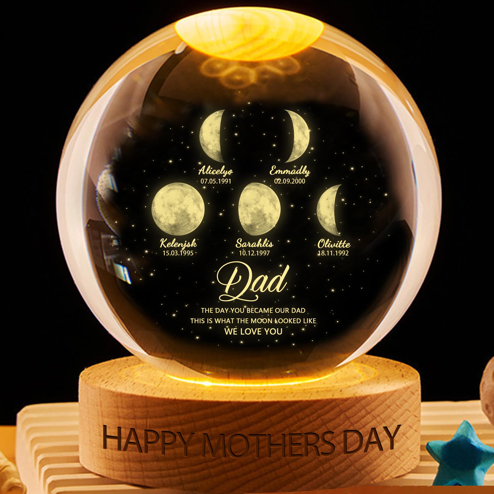 VWCSDSCS Custom Moon Phase Crystal Ball LED Night Light Personalized with Kids Names, Our Moon Special Day, Multicolor Changing for Bedroom Decor Lamp Gift for Mom Grandma Her Wife Papa Dad — image 1