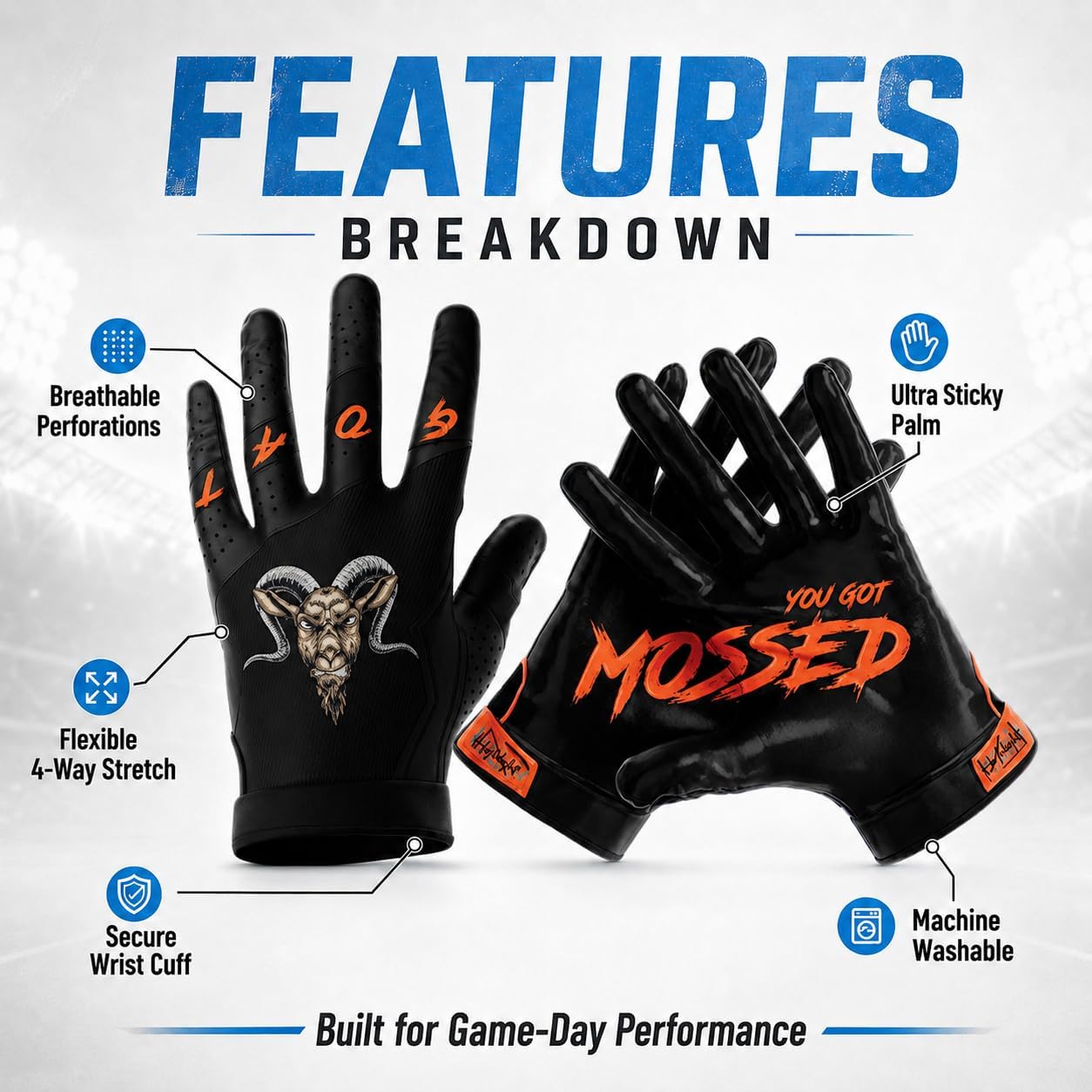 G.O.A.T. Football Gloves – Extra Sticky Wide Receiver Gloves for Men, Youth & Boys – G.O.A.T. 'You Got Mossed' Edition – Superior Grip, All-Weather, Machine Washable – S to XXL