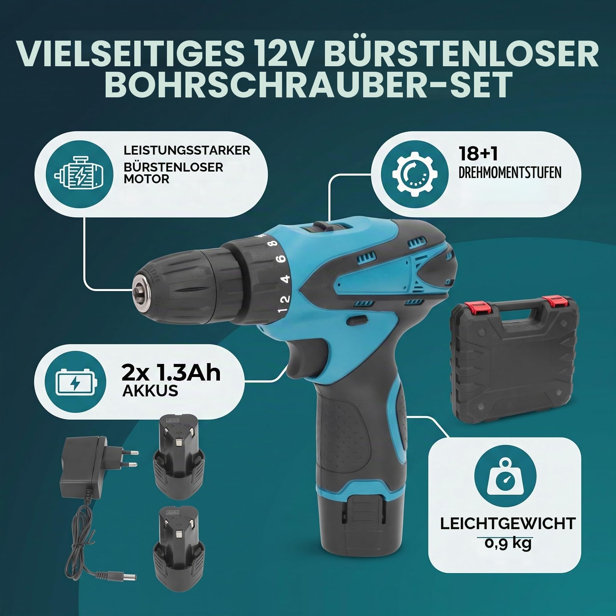 Fafeicy 3/8-24UNF Bürstenloser Bohrschrauber 12V mit 2 Akkus, Akkubohrer Set mit Ladegerät, 3/8 Zoll Bohrfutter, 2 Geschwindigkeiten, Torsionsregler, EU-Stecker