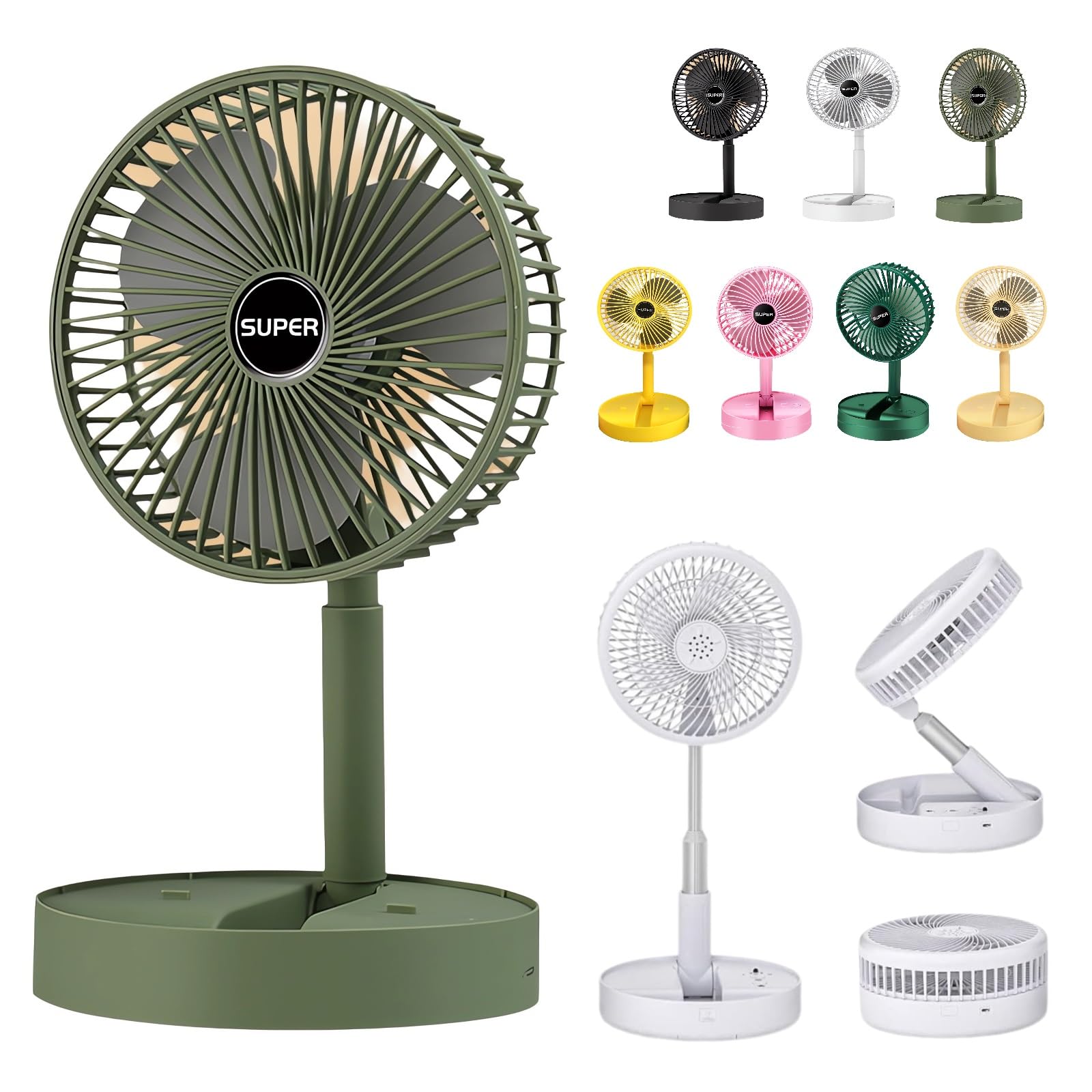 Telescopic Folding Fan - 2024 New Portable USB Rechargeable Collapsible Desk Fan for Travel, Silent Stand up Fan Wireless Folding Oscillating Compact Floor Standing Fans for Dorm ＆ Bedroom (L-GREEN)