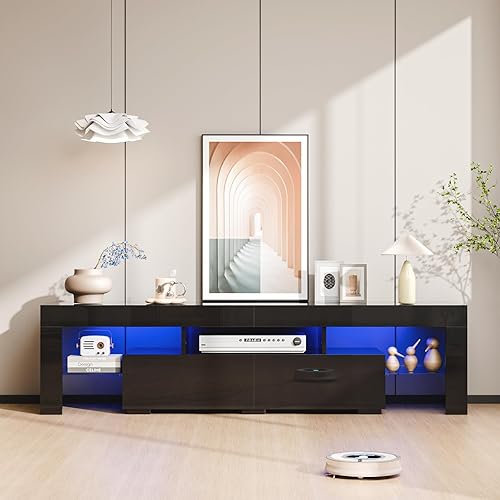 Bonnlo Soporte de TV LED para televisores de hasta 70 pulgadas, moderno centro de entretenimiento con luces LED y almacenamiento para sala de estar