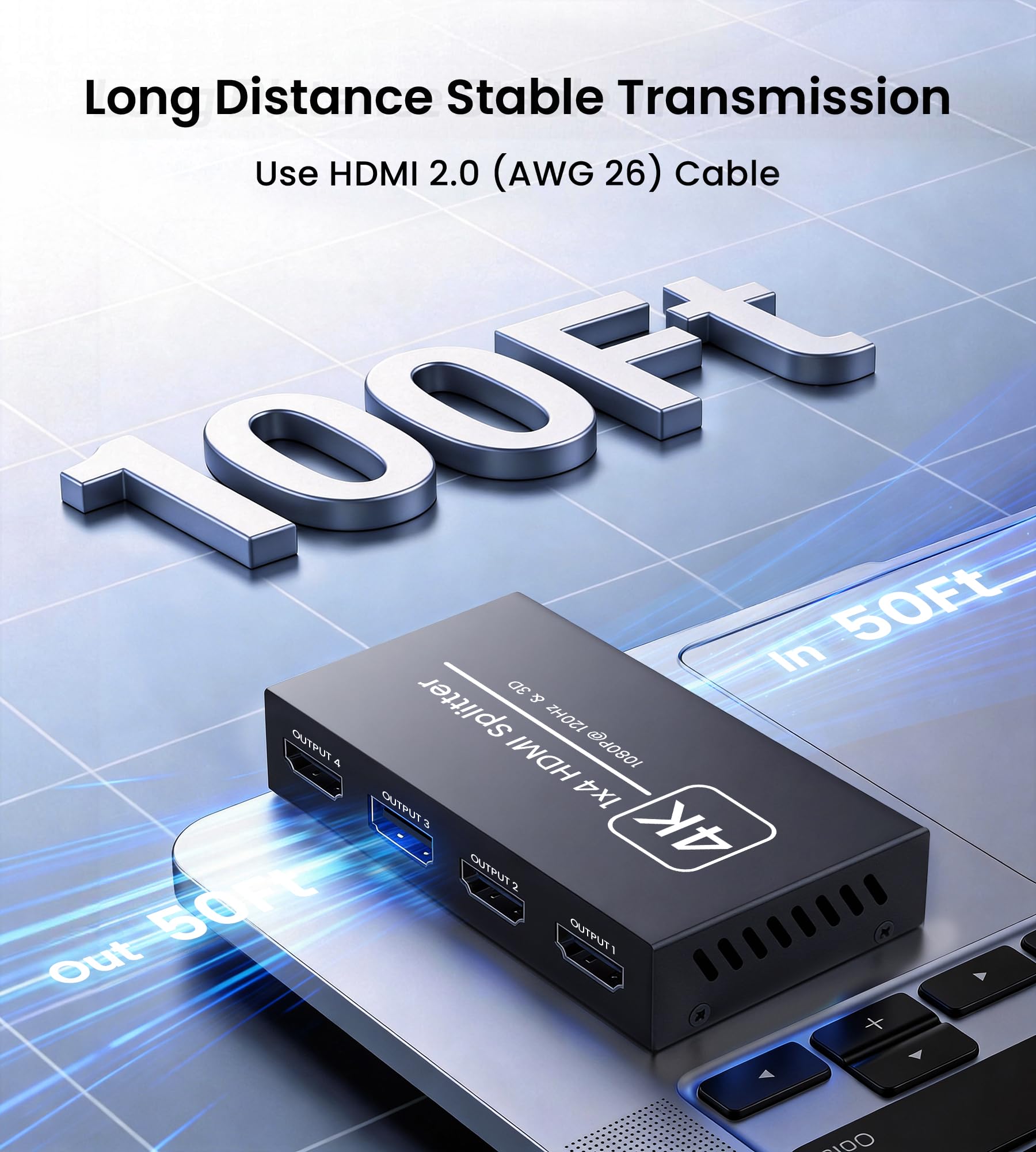 Divisor HDMI de 1 en 4 salidas solamente, divisor de video HDMI 1x4 alimentado con adaptador de alimentación de 5 V CC, soporta 4K a 30Hz, 1080P a 120Hz, 3D, pantalla de espejo para múltiples