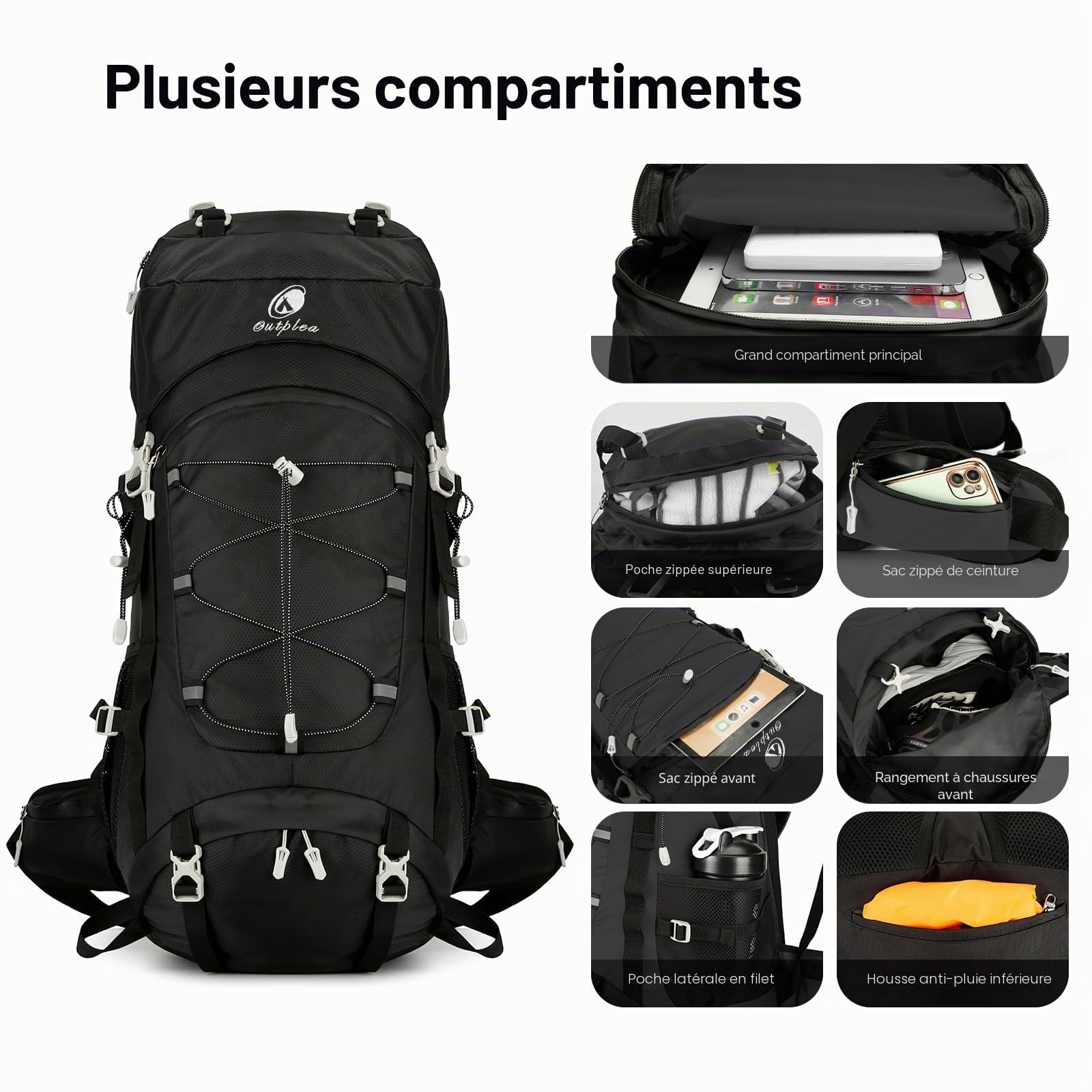 Sac à dos de randonnée imperméable 60 L pour homme et femme avec housse de pluie, dos en maille