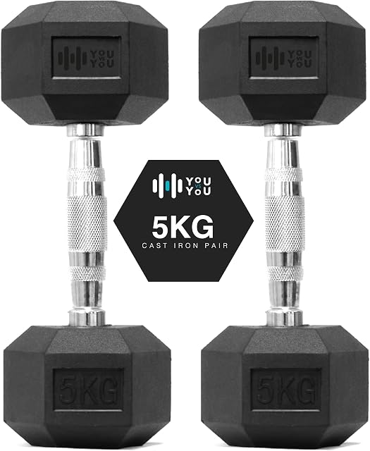 You vs You Hex Dumbbells Weights Pair for Home Exercise | 1kg - 30kg Set of 2 Hexagonal Weight Rubber Encased for Home Fitness Gym Workouts Training Muscle Building & Conditioning | Unisex | Strength