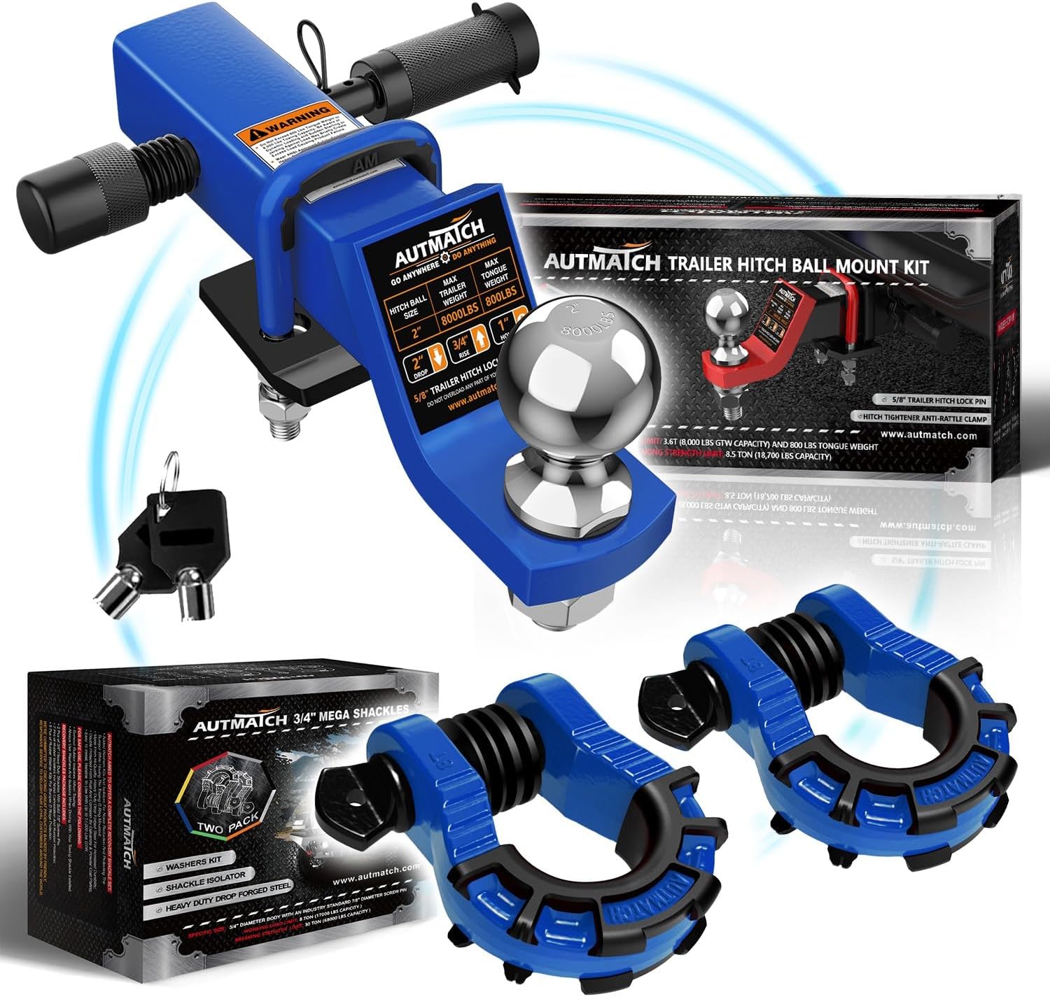 AUTMATCH Mega D Ring Shackles 3/4" with Trailer Hitch Ball Mount & 2" Hitch Ball, Fits 2 Inch Receiver, 8000Lbs Capacity Ball Hitch, 2-Inch Drop with 5/8" Hitch Lock Pin, Blue