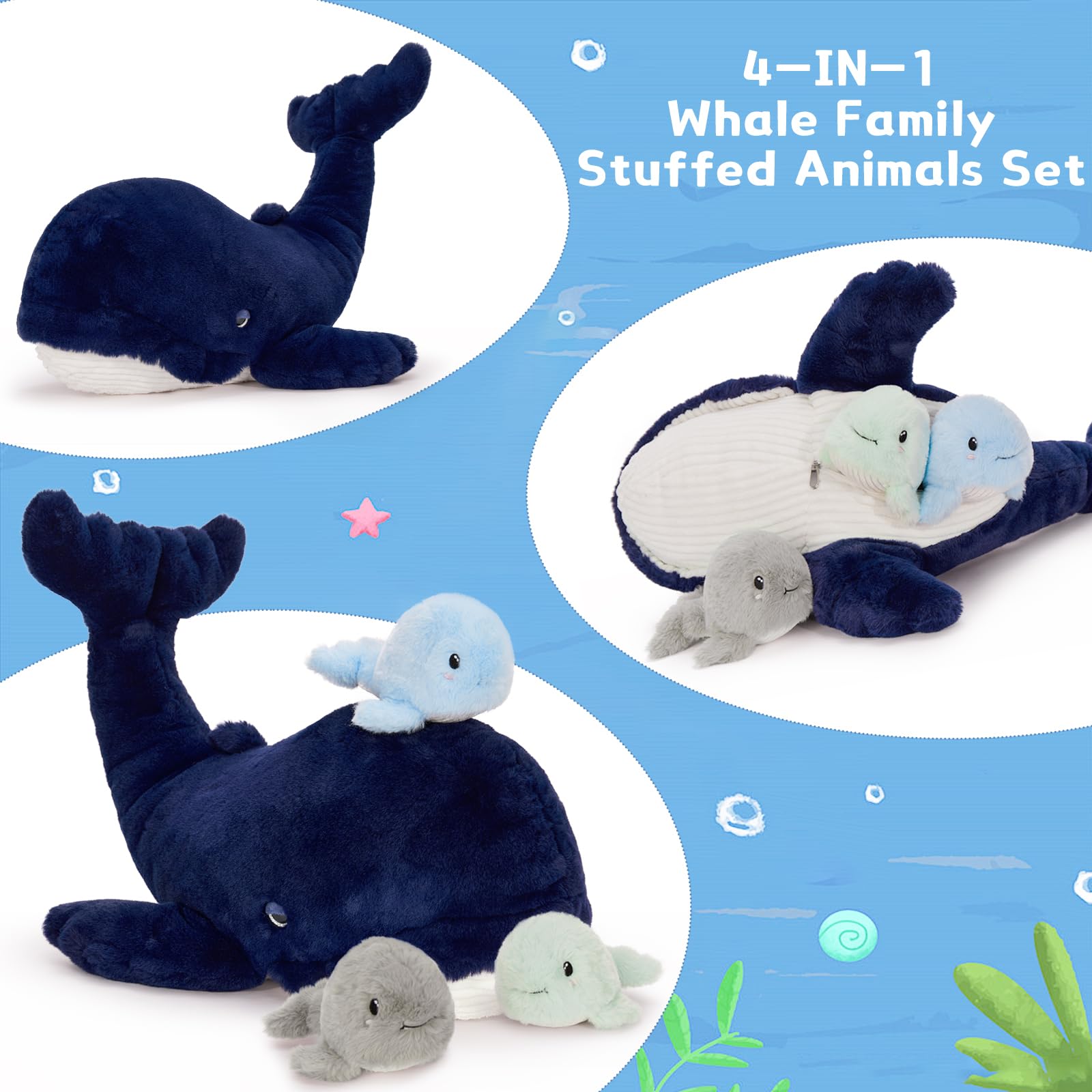 MorisMos 4 stücke Wal Kuscheltier XXL Set, 50cm groß Wal Plüschtier Plüschwal mit 3 Babys im Bauch, Blauwal stofftier als Geburtstag Weihnachten Geschenk für Jungen Kinder - 4