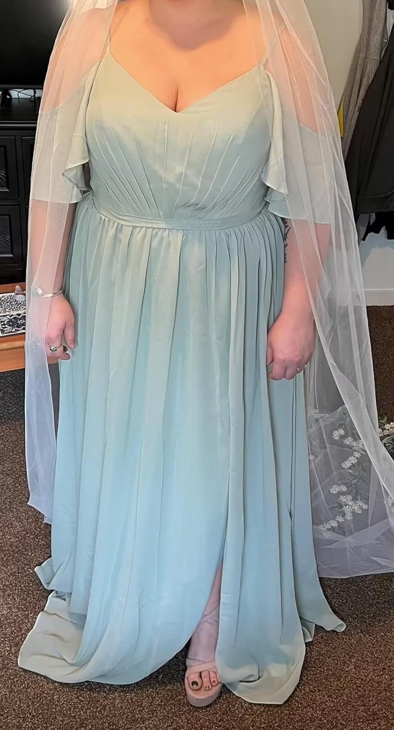 RSOETOO Women Plus Size Bridesmaid Dress 2025 with Slit Cold Shoulder Chiffon Formal Party Dresses with Pockets RON030