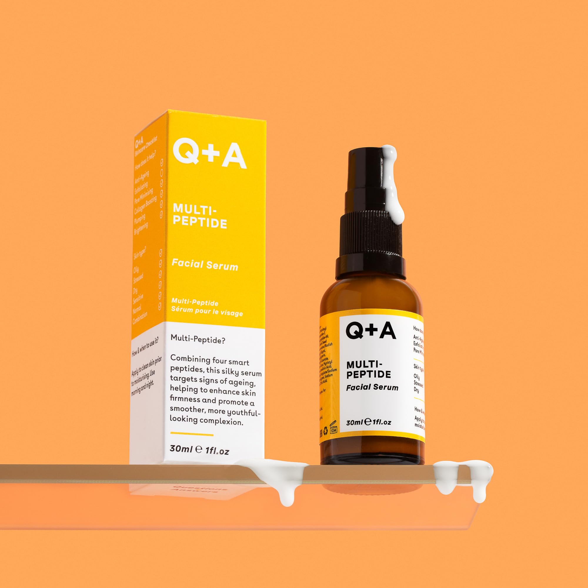 Q+A Multi-Peptydowe Serum (30 ml), Serum przeciwzmarszczkowy do twarzy z peptydami, bez zapachu, wygładza zmarszczki, poprawia koloryt i elastyczność, pielęgnacja dla młodego blasku
