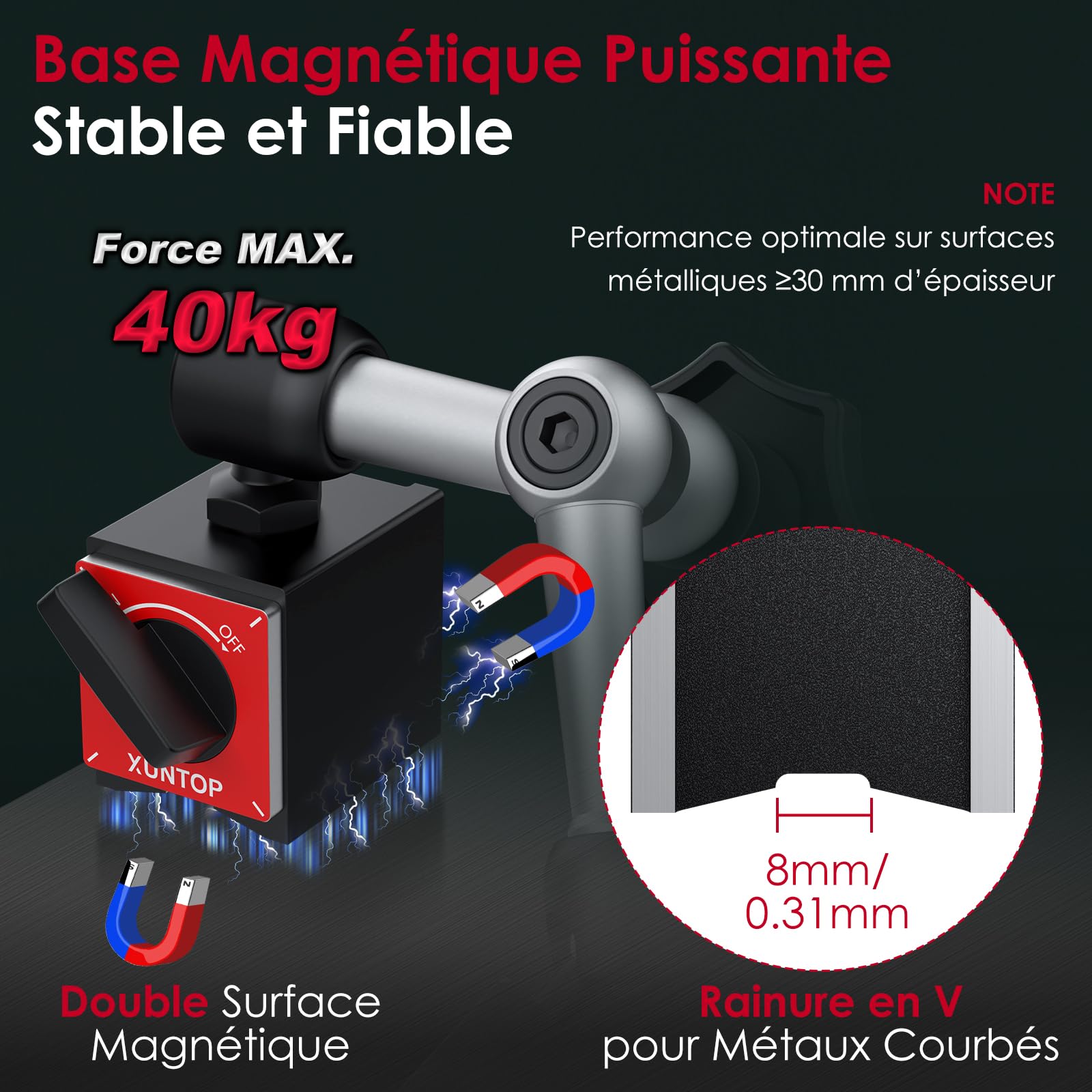 XUNTOP 25.4mm Comparateur Numérique avec 40kg Base Magnétique - LCD Affichage, Précision 0.01mm, Conversion mm/pouce - Outil de Mesure Professionnel pour Atelier, DIY et Usinage Industriel