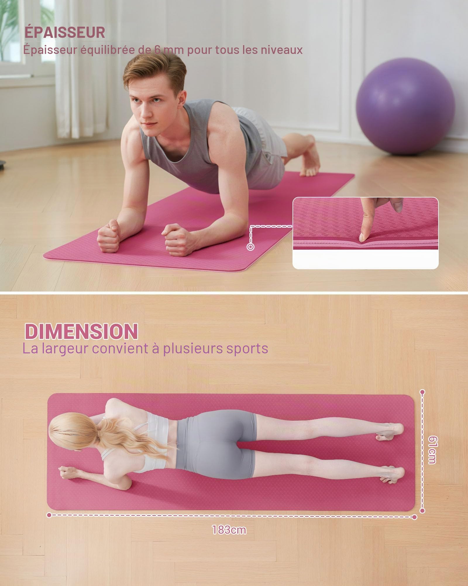 Good Nite Tapis de Yoga Antidérapant Fitness Pilates avec Sangle 183 x 61 x 0,6 cm