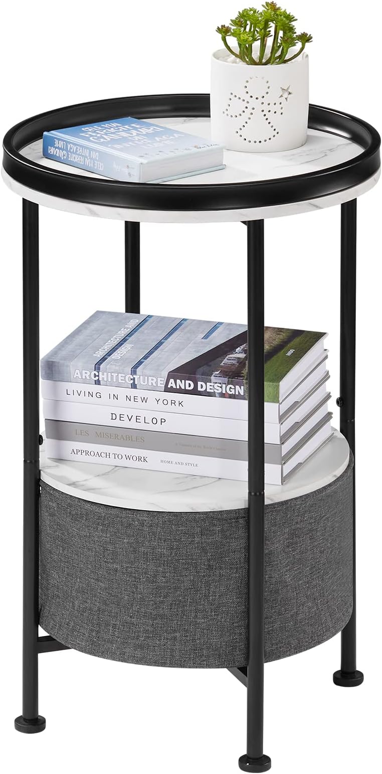 Industrial 2 Tier Round End Table,24" High Round Side Table with Tray & Storage Basket, Home Office Small Coffee Table for Living Room Bedroom