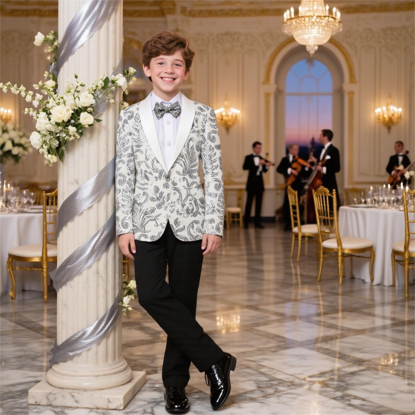 Lamgool Boys Tuxedo Suit Slim Fit Formal Set 2 Pieces with Floral Jacquard Sequin Blazer Black Pants for Kids Prom Wedding - Image 2