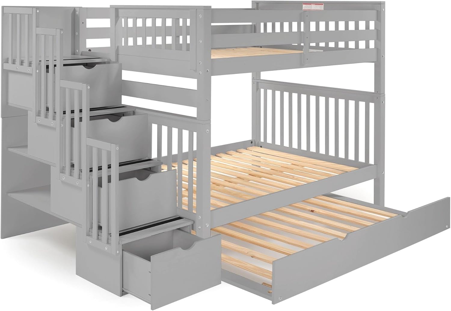 Davanti view of the grey stairway unit with four storage drawers, showing open drawers.