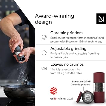 LARS NYSM Salt and Pepper Grinder Set, Manual Salt and Pepper Mills with Adjustable Ceramic Grinder, Design Spice Shaker Set (Berry Red)
