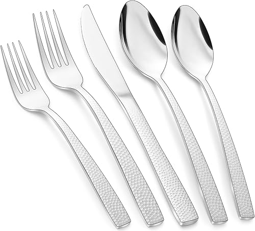 Juego de cubiertos martillados para 6 cubiertos gruesos de grado alimenticio 30 piezas de acero inoxidable diseño moderno espejo pulido para hogar